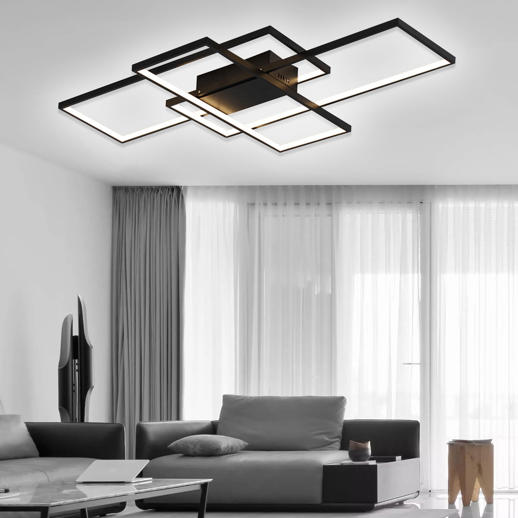 Jaycomey Modern Led Ceiling Light, 35.4In Led Black Flush Mount Ceiling Lights Fixture 75W Living Room Lighting Fixtures Chandel