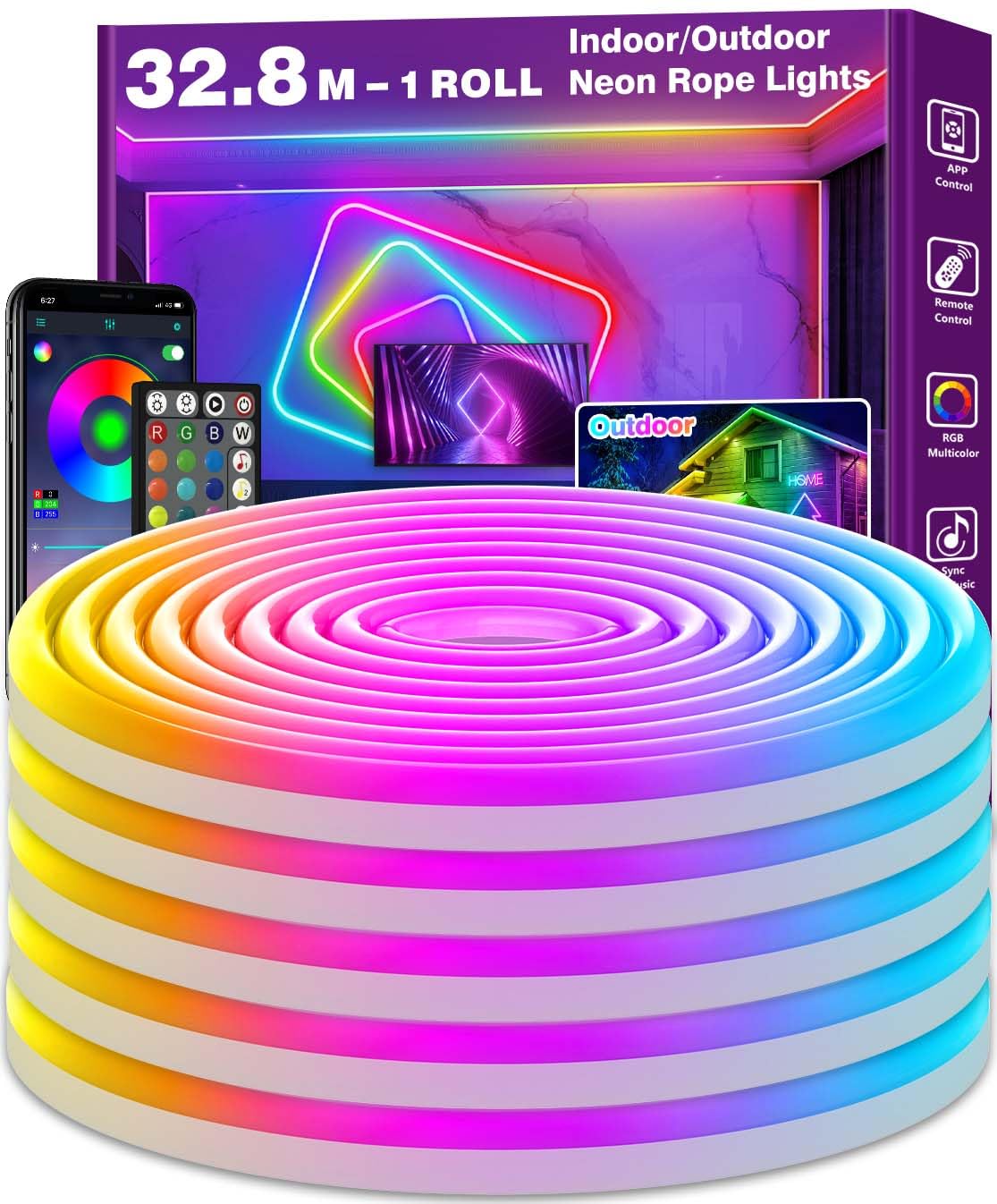 AILBTON LED Neon Rope Lights, 32.8Ft RGB Flexible Strip, Music Sync, IP65 Outdoor, App/Remote Control, Silicone Material