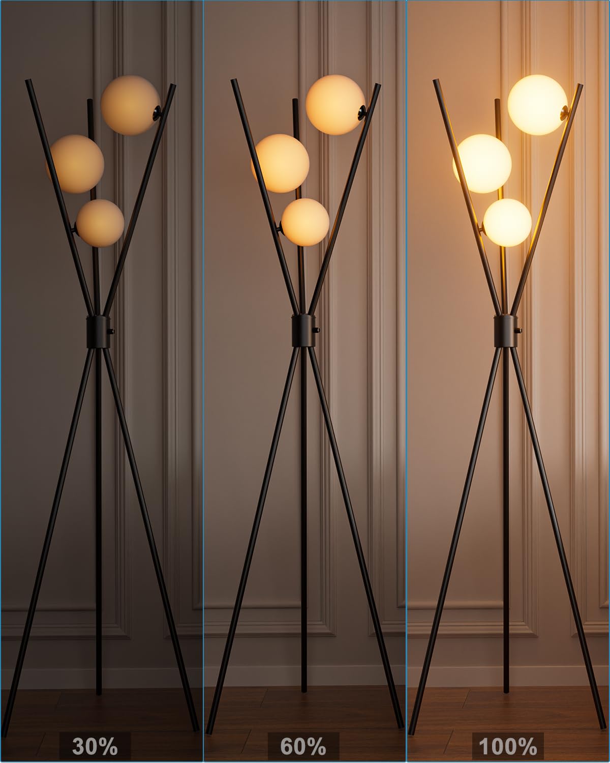 Lightdot Dimmable Black Tripod Floor Lamp, 3 Globe 3000K Bulbs, Modern Mid Century Design