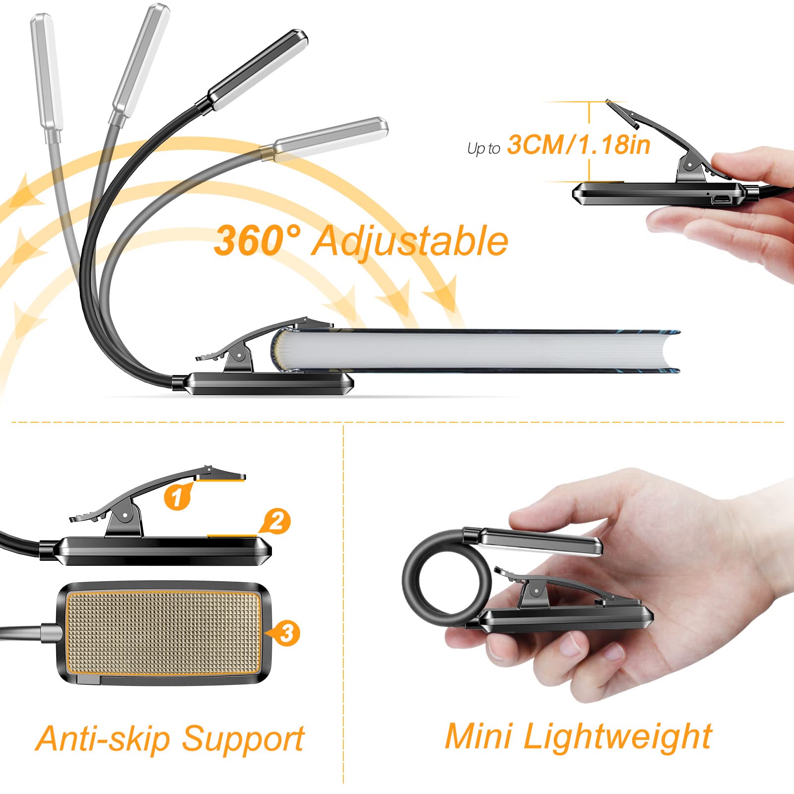 Gritin 9 Led Rechargeable Book Light - Eye Care, 3 Color Temps, 80 Hrs Runtime, Clip-On