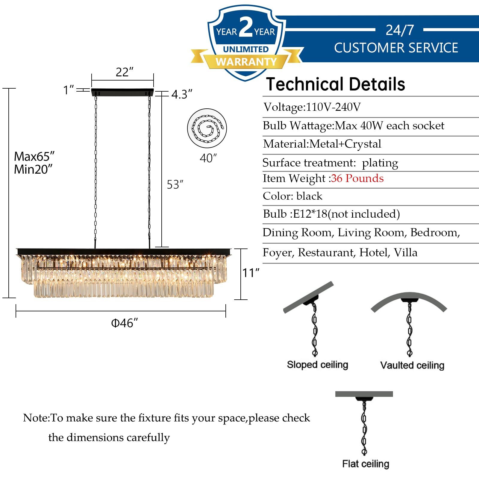 Weesalife Crystal Chandeliers, 18-Lights Black Modern Rectangle, L46", for Dining Room & Kitchen Island, Model A8828