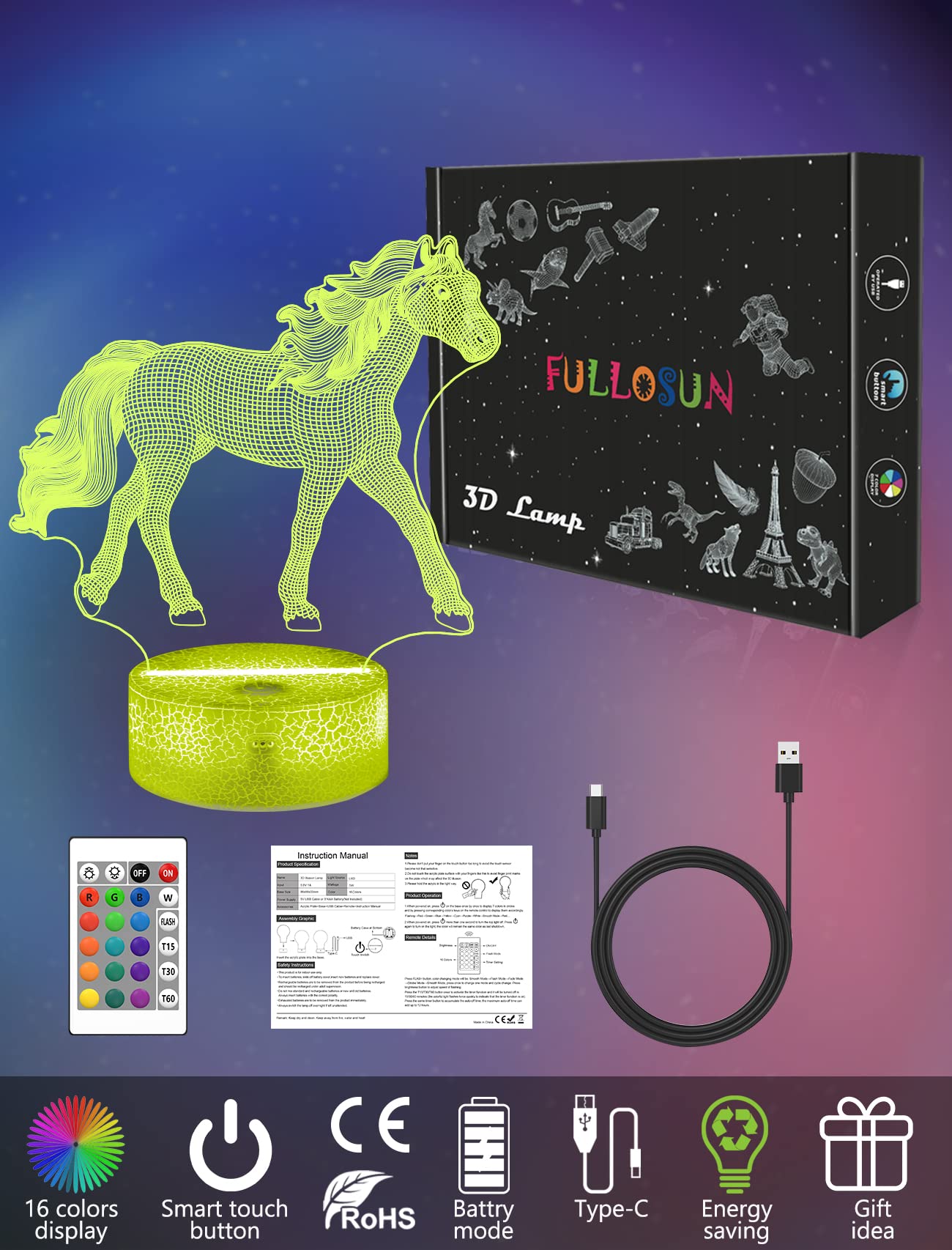 FULLOSUN Horse 3D Night Light, 16 Colors, Remote Control, Acrylic Lamp for Kids, Birthday Gifts for Boys & Girls