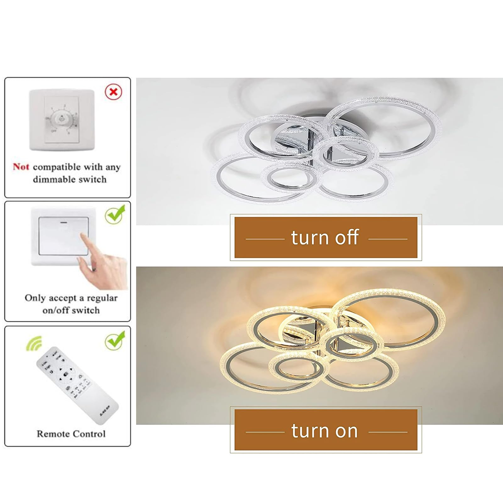 Garwarm Modern LED Ceiling Light Fixture, 76W Dimmable Chandelier, 6-Round, Chrome, Model TGZL-6003N-300-6-Chrome