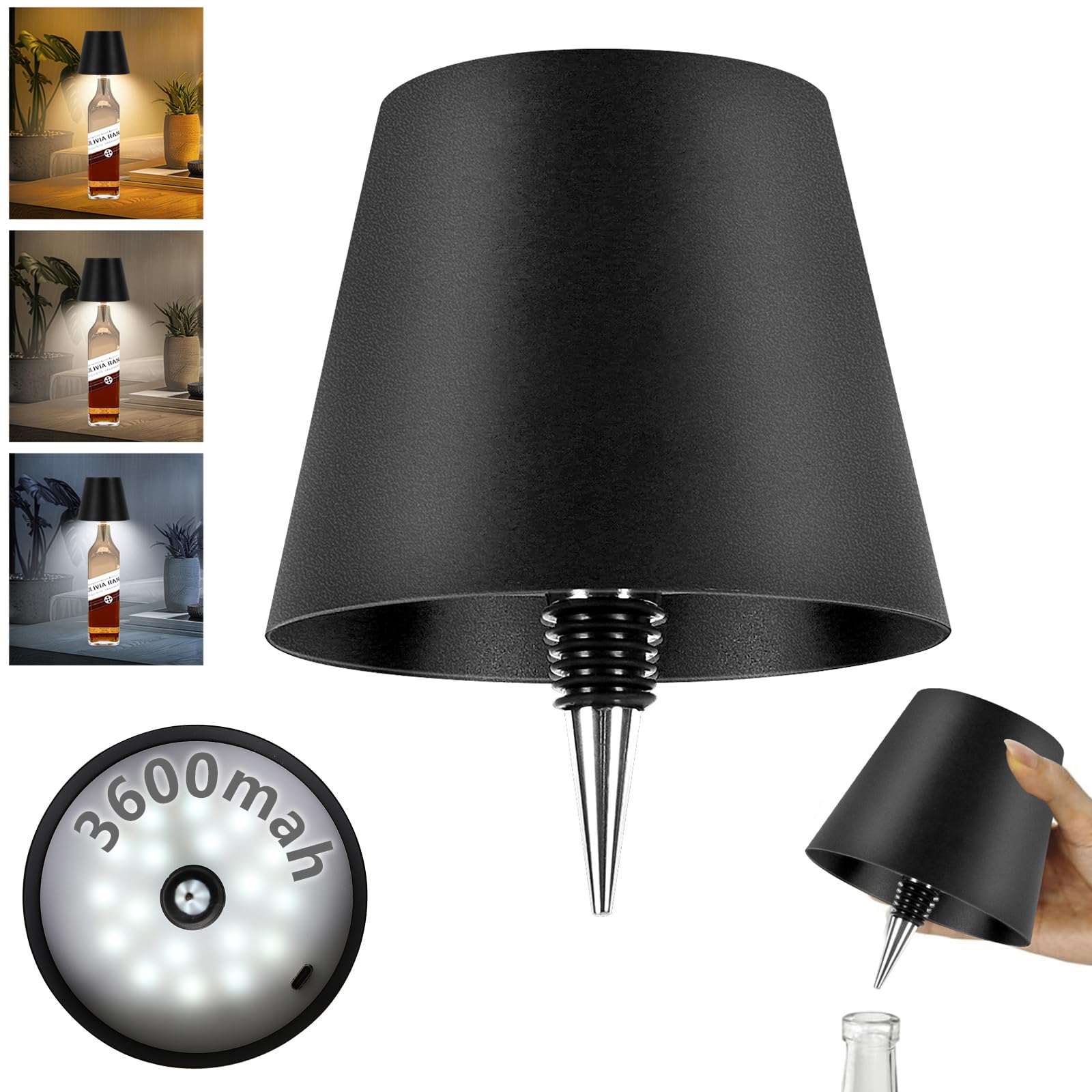 Mebaraul 3600mAh Wireless Bottle Lamp, 2025 New 3 Color Rechargeable Wine Bottle Light, Cordless LED Table Light for Bars Restau