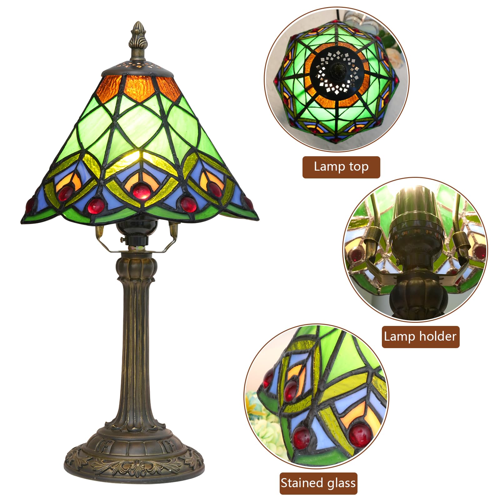 Green Small Tiffany Lamp Stained Glass Table Lamp Peacock Tail Bedroom Bedside Light For Living Room Dormitory Bar Retro Style U