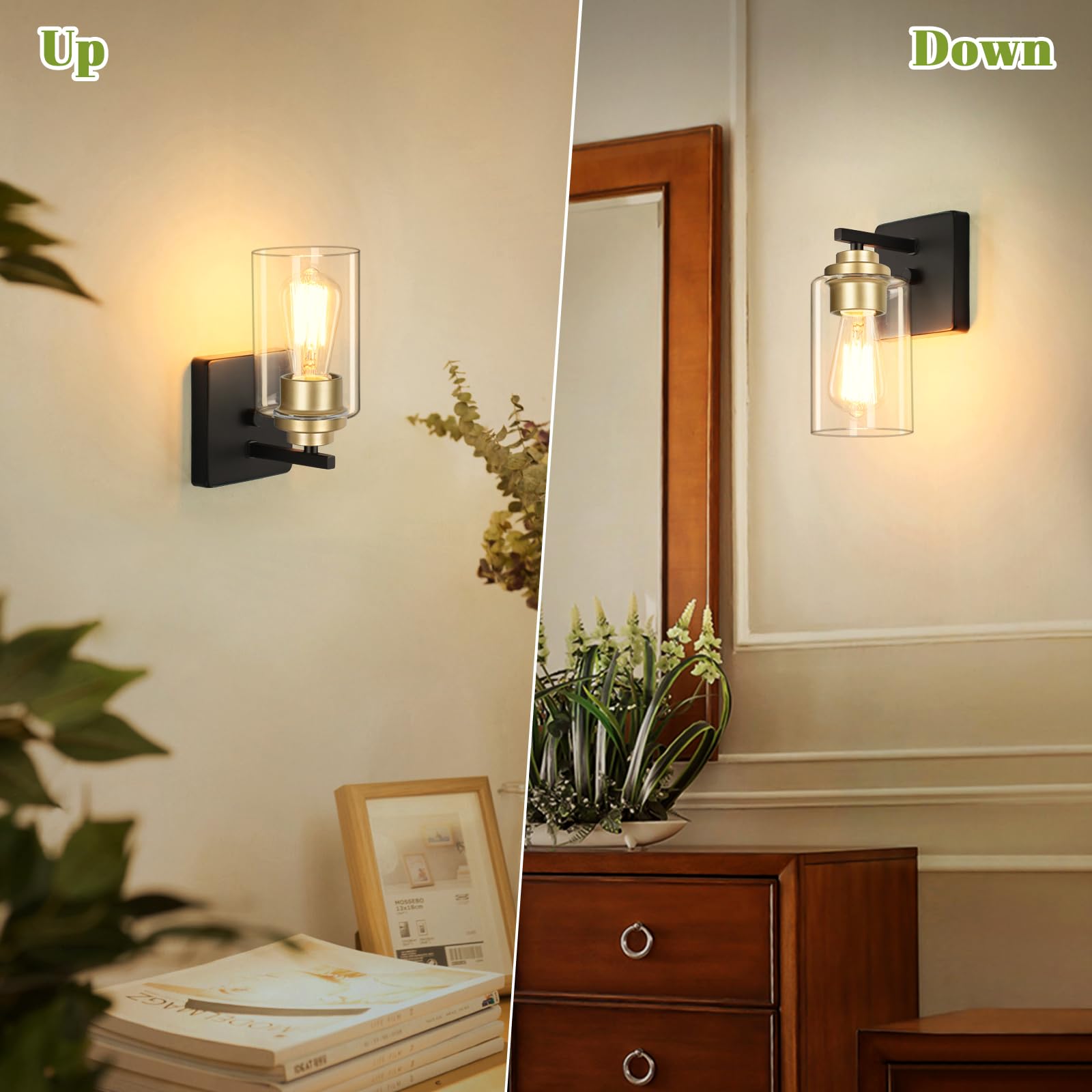 Set Of 2 Wall Sconces For Bathroom, Modern Vanity Light Fixtures, Black And Gold Wall Mount Lighting Lanterns, Farmhouse Wall Li