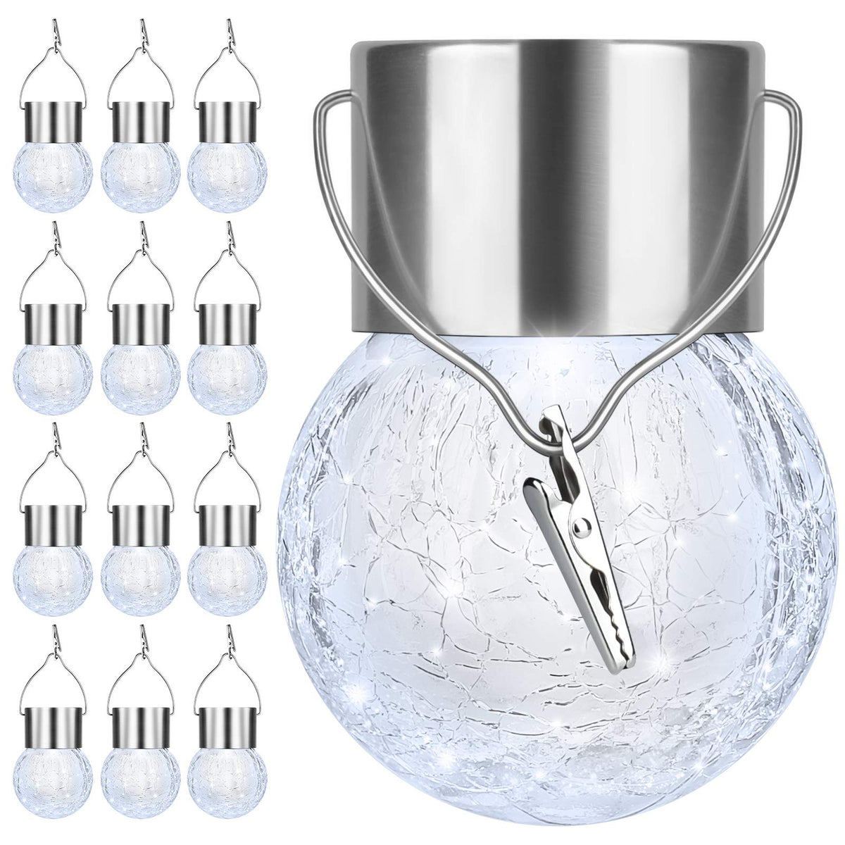 12Pack Outdoor Hanging Solar Lights - Solar Powered Crackle Glass Ball Lights Waterproof Tree Hanging Outdoor Globe Lights With