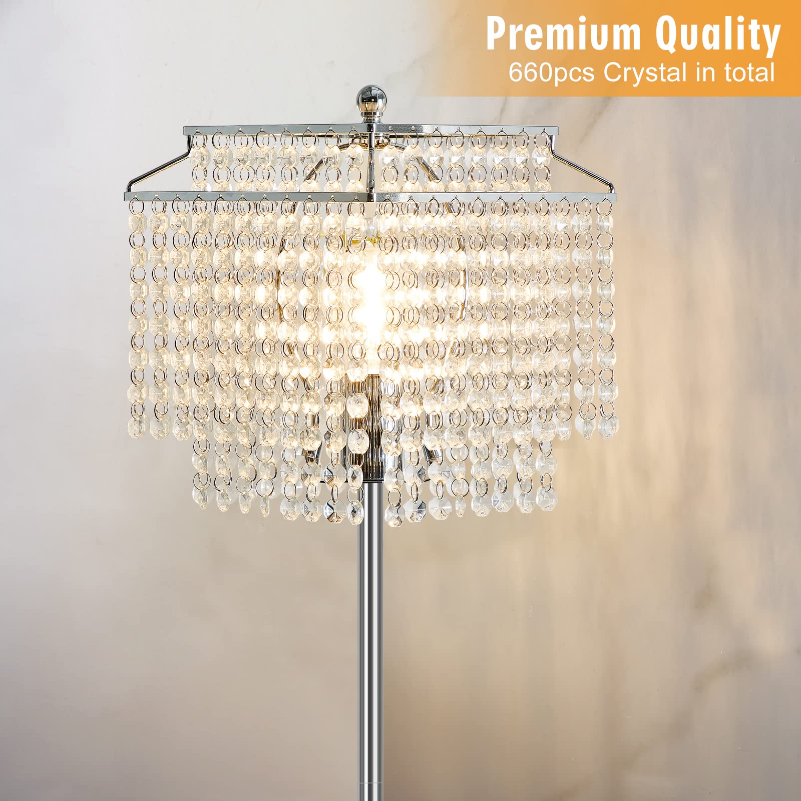 Luvkczc Silver Crystal Floor Lamp, Modern Design with Double-Layer Lampshade, On-Off Foot Switch, Tall Pole for Living Room & Bedroom