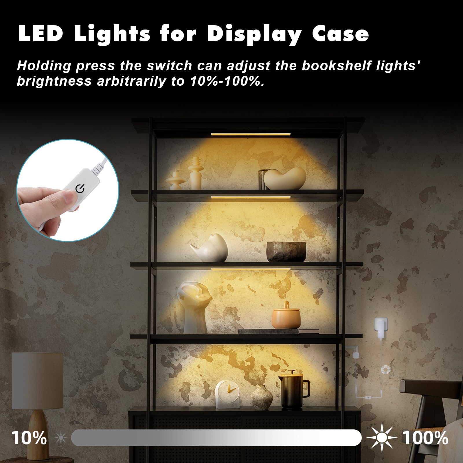 JUSJUBR LED Shelf Lighting, Dimmable with Memory Function, 4x12 inch, Warm White 3000K, Aluminum, for Display Cases and Closets
