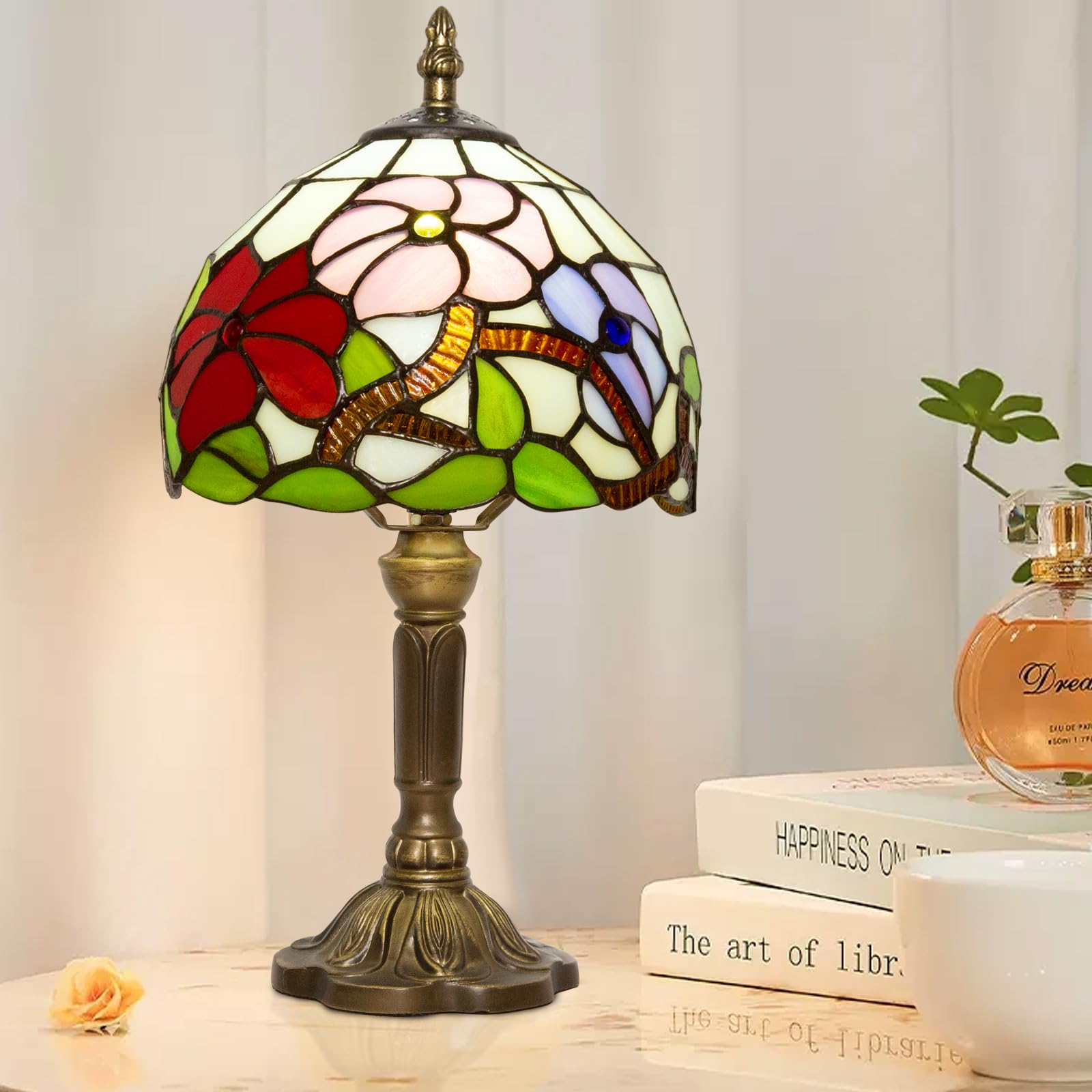 Ppbmocw Stained Glass Lamp,8X14 inches Small Tiffany Lamp for Bedside,Antique Office,Living Room (H Three Flowers)