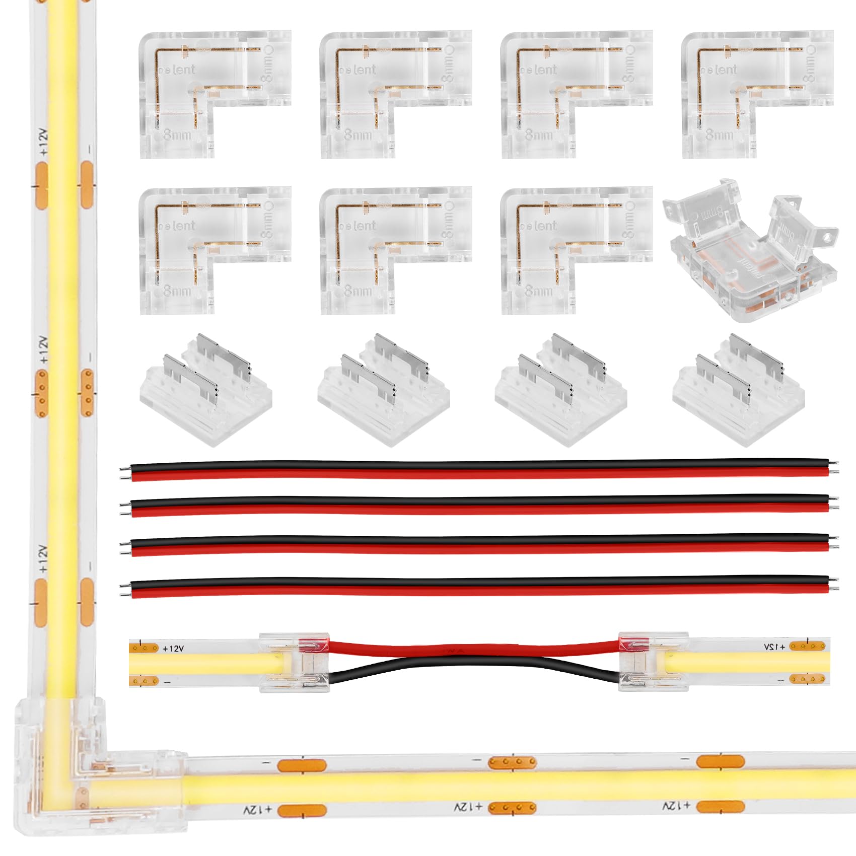 8mm 2 pin FCOB COB LED Strip Light Connector Kit, 8pcs Transparent L-Shaped Corner Connector, 4pcs I-Shaped Connector, 4pcs 15cm