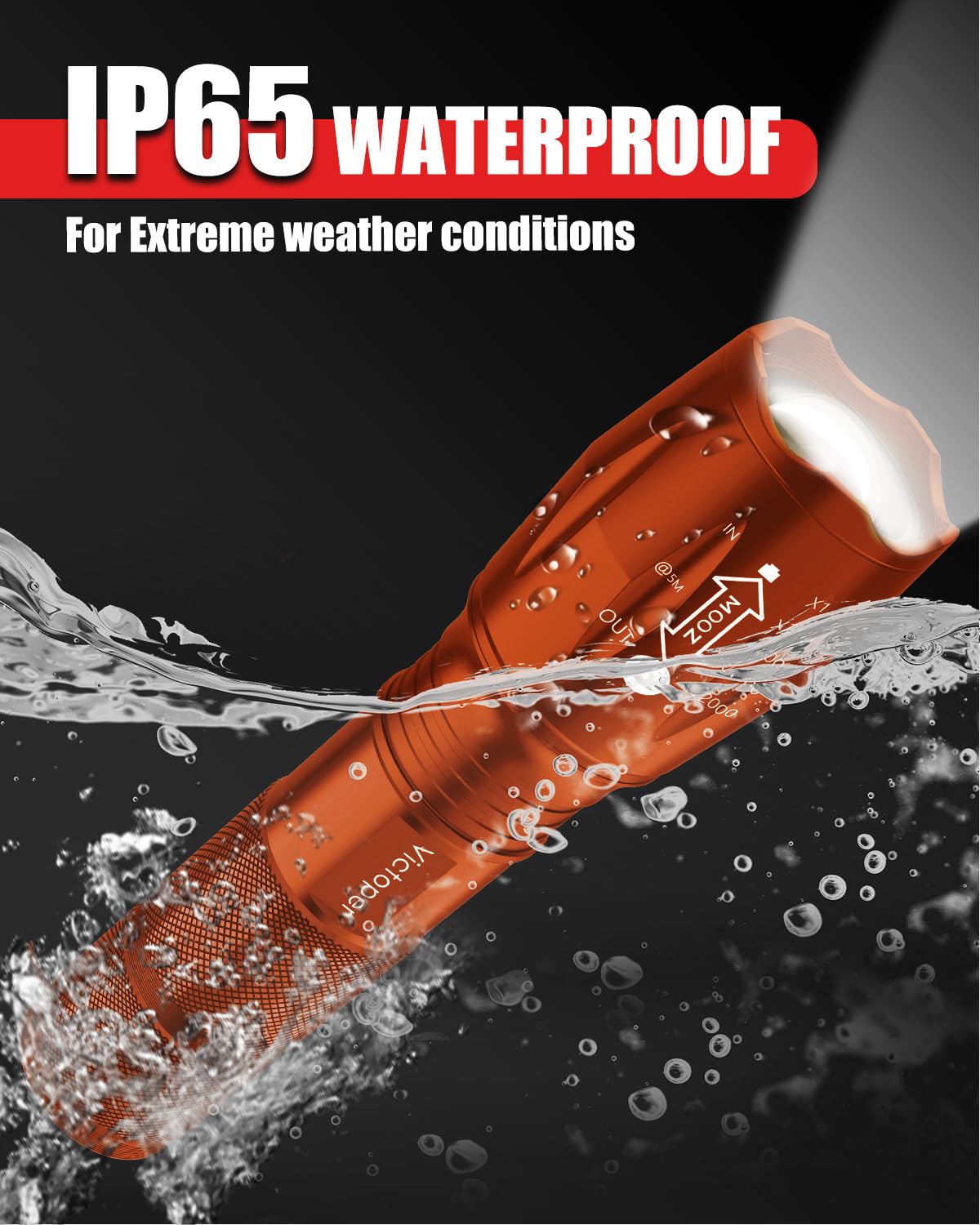 Victoper LED Flashlight 2 Pack, High Lumens Tactical, Waterproof, Zoomable, Orange, Model VT-FLV1000-2P
