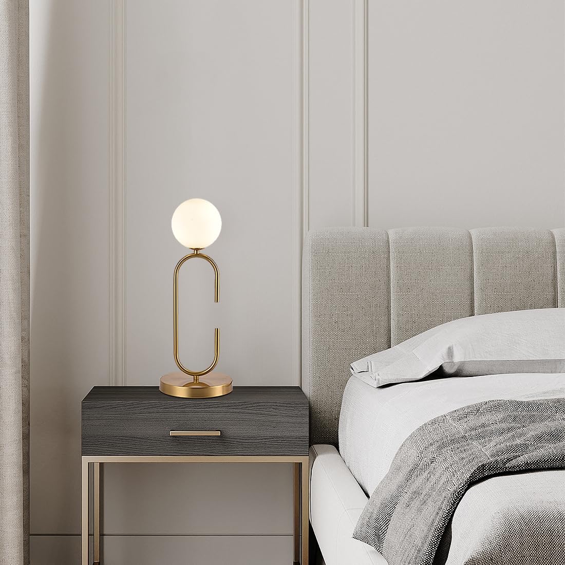 Amartiz Mid Century C-Shape Table Lamp Gold 2-Light Globe Dimmable Table Lamp With Milk White Glass Gold Nightstand Lamp For Bed