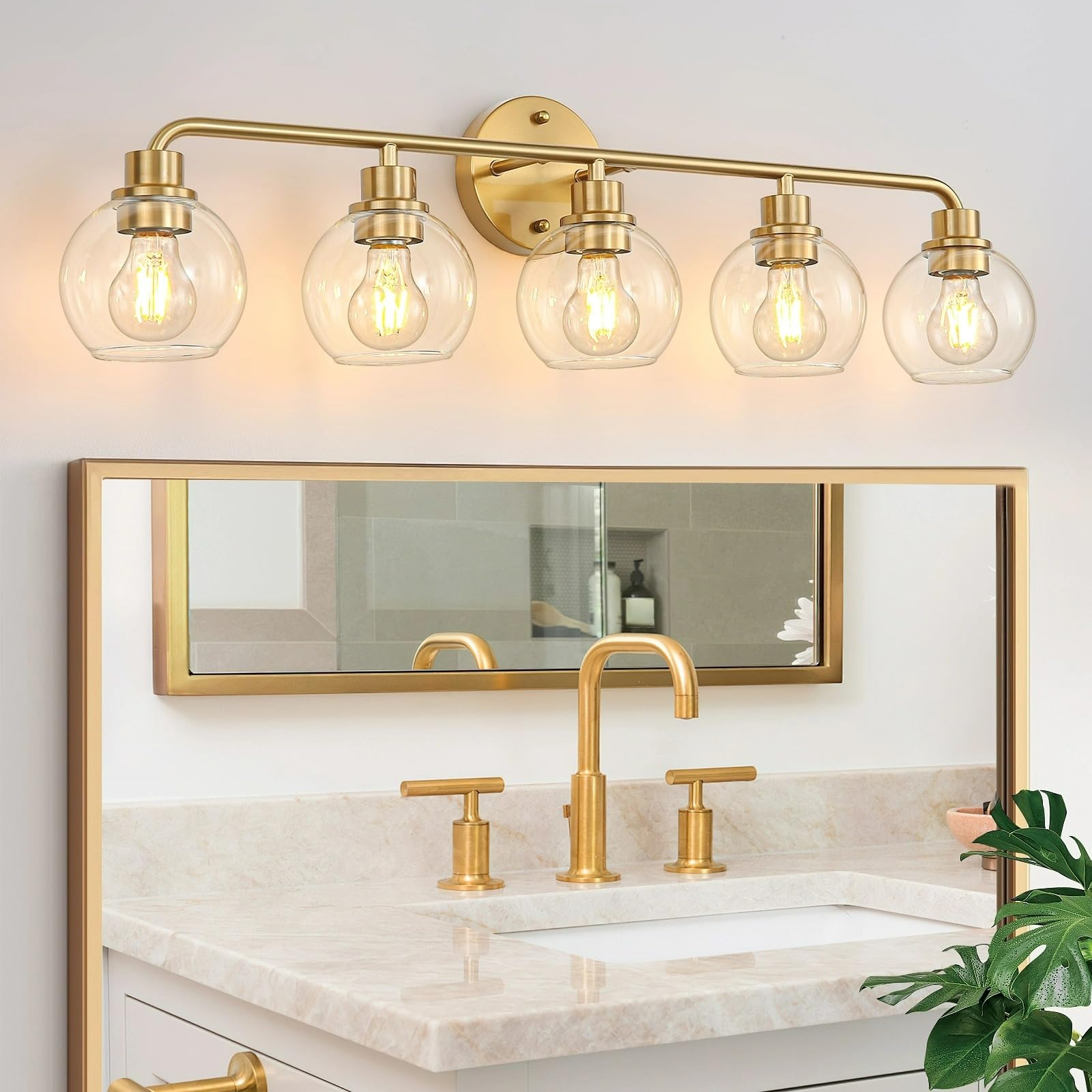 Bathroom Light Fixtures Gold Vanity Light 5 Light Wall Sconces Lighting Brushed Brass Lights with Clear Globe Glass Shades Bath Wall Lamp for Mirror Kitchen Living Room Bedroom Hallway
