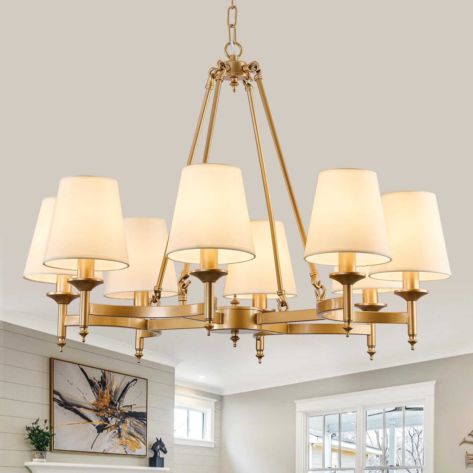 Qgiytp 29.9Inch 8-Light Gold Chandelier With White Linen Fabric Shade Large Farmhouse Ceiling Light Fixture Industrial Adjustabl