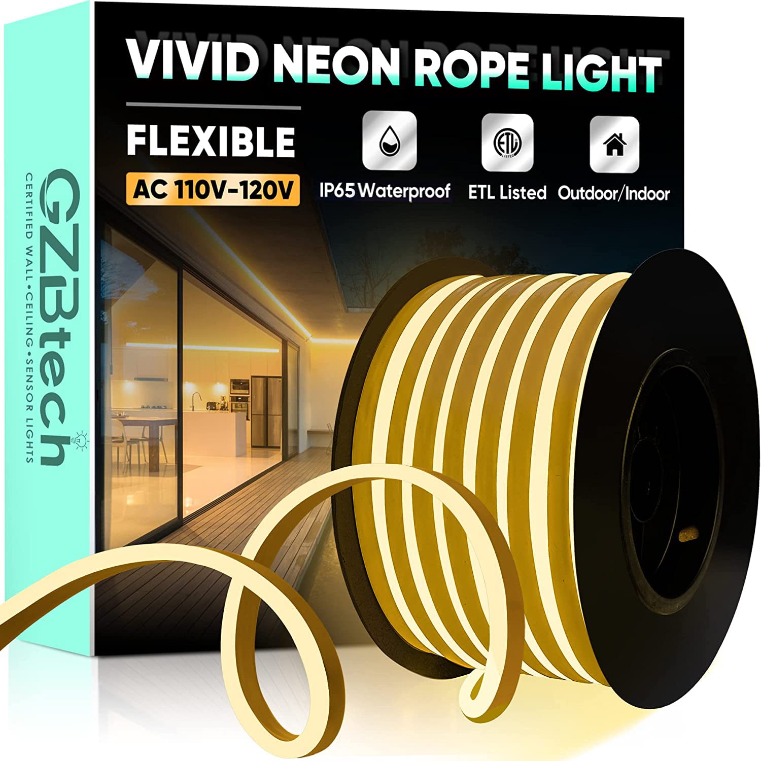 GZBtech Flexible LED Neon Rope Lights 50FT,AC 110-120V Waterproof Neon Strip Light, 120 LEDs/M Cuttable Connectable Neon Lighting for Indoor Outdoor Home Decor/Commercial Building Use-Warm White 15M
