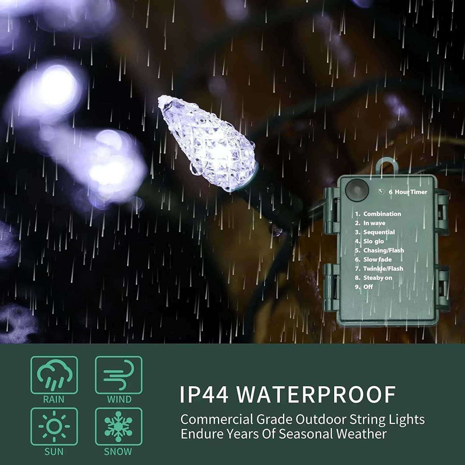 LAMPHOME C6 Battery Operated Christmas Lights, 50 LED, 17FT, 8 Modes, Waterproof, White, 2 Pack