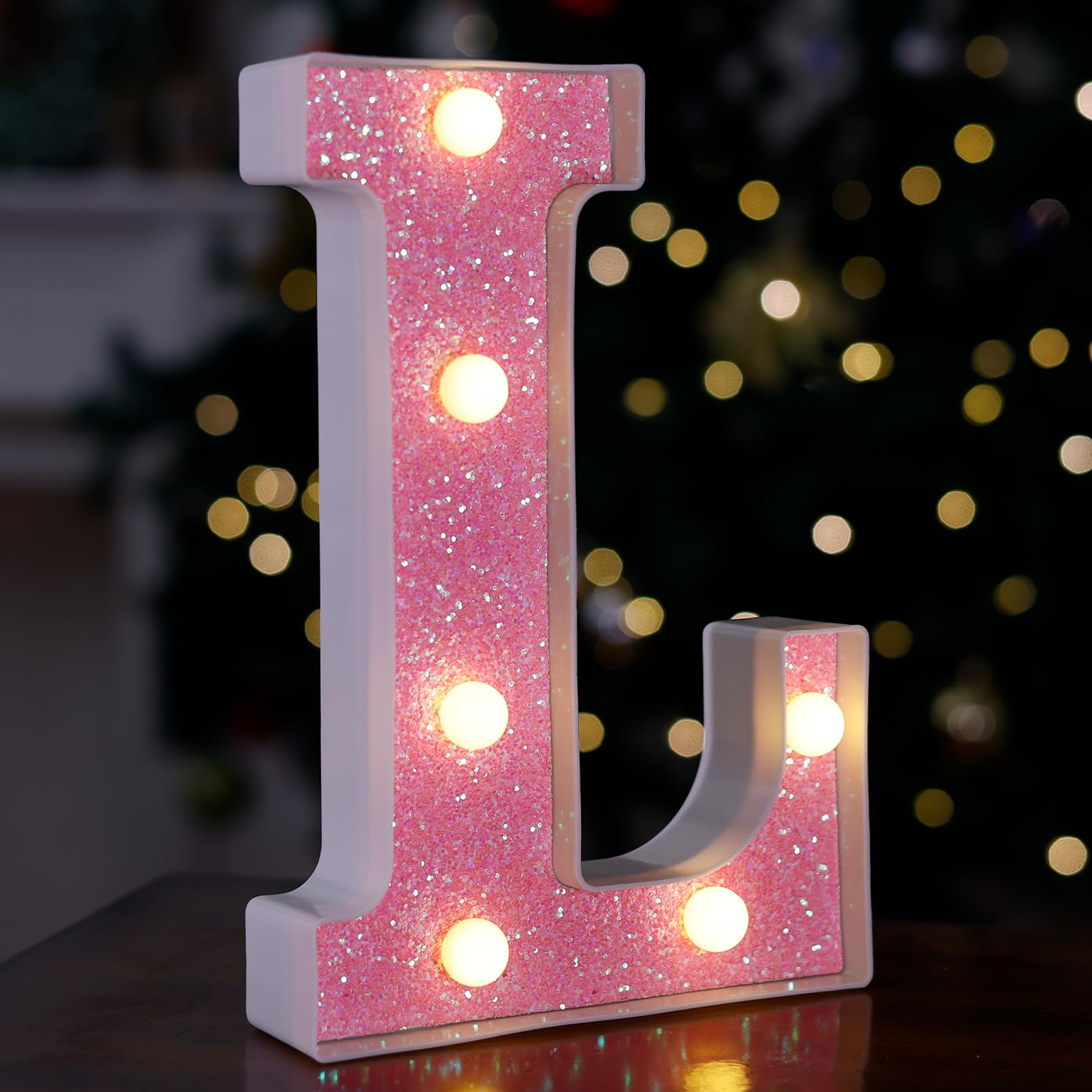TRONSBOO LED Letter Light - Pink Glitter Marquee Sign, Battery Powered, 5.87in x 8.58in x 1.57in, Model TRONSBOO-N,
