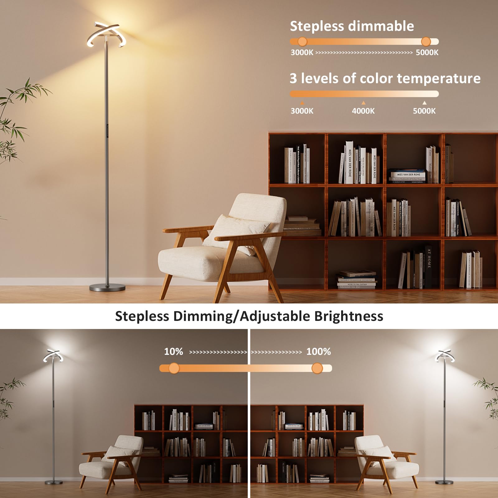 Preeotti Led Floor Lamp - 70'' Tall Modern Standing Lamp With 2 Rotatable Lights, Remote & Touch Control, 24W Bright Stepless Di