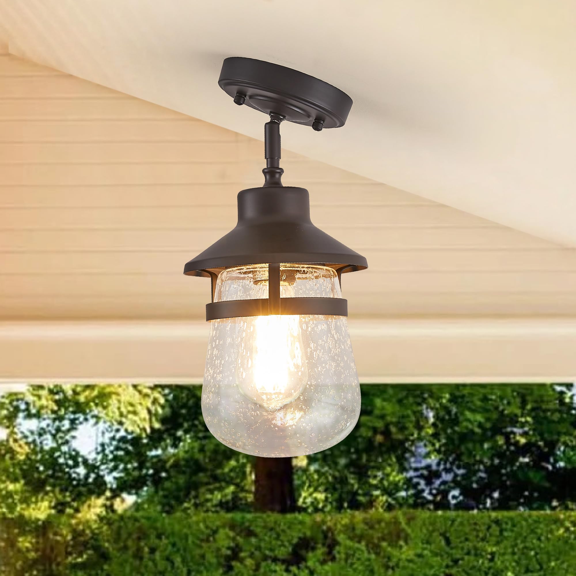 Adjustable Mini Pendant Hanging Fixtures With Seeded Glass Shade,Oil Rubbed Bronze,3 Mounting Options Or Pitched Roof,Farmhouse