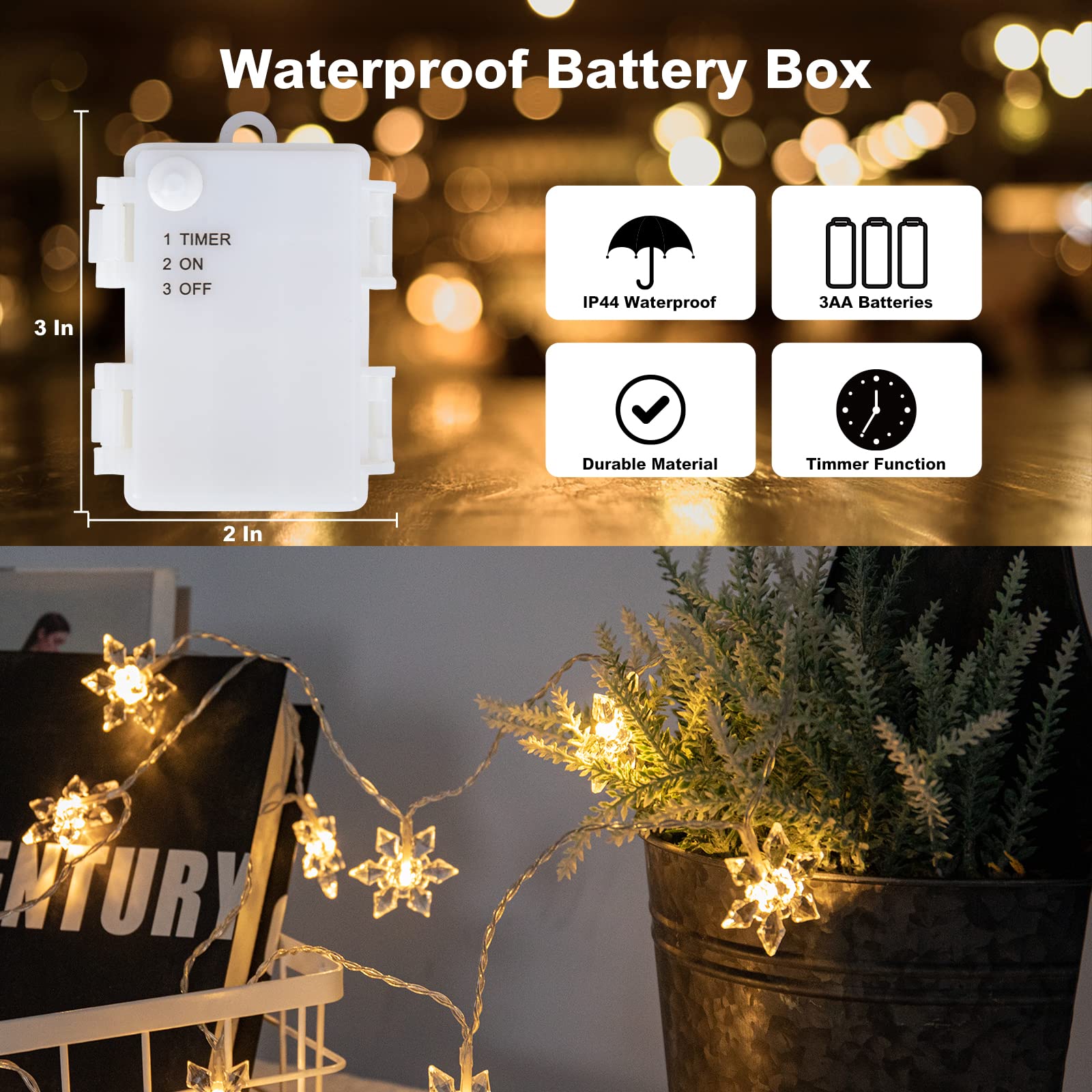 Vigdur 2 Packs Christmas Snowflake Lights - 20 Led Snowflake String Lights Battery Operated With Timer Indoor Xmas Fairy Lights For Bedroom Party Window Holiday Decoration