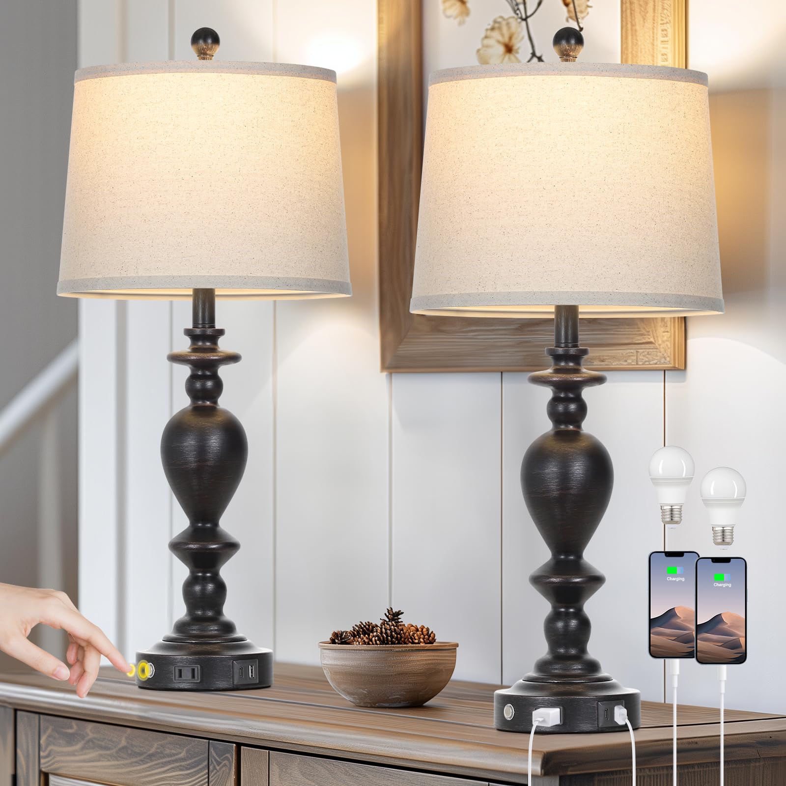 Cinkeda 28'' Black Farmhouse Table Lamps Set of 2 with USB C+A Ports & AC Outlet for Vintage Living Room Rustic Bedroom,3-Way Di