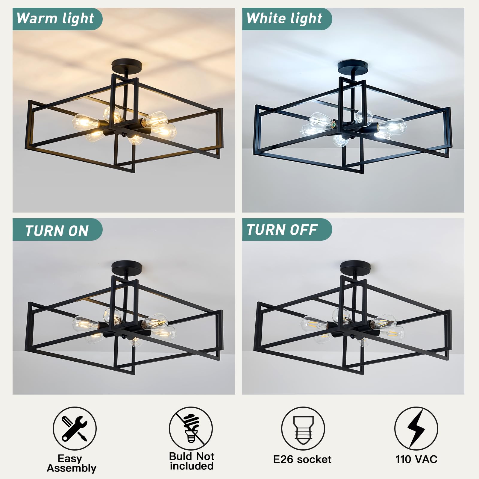 ZGLAOJT Industrial Flush Mount Ceiling Light, 6 Lights, 22.83 Inch, Iron, Black, Model F-1427, Farmhouse Chandelier for Kitchen and Dining Room