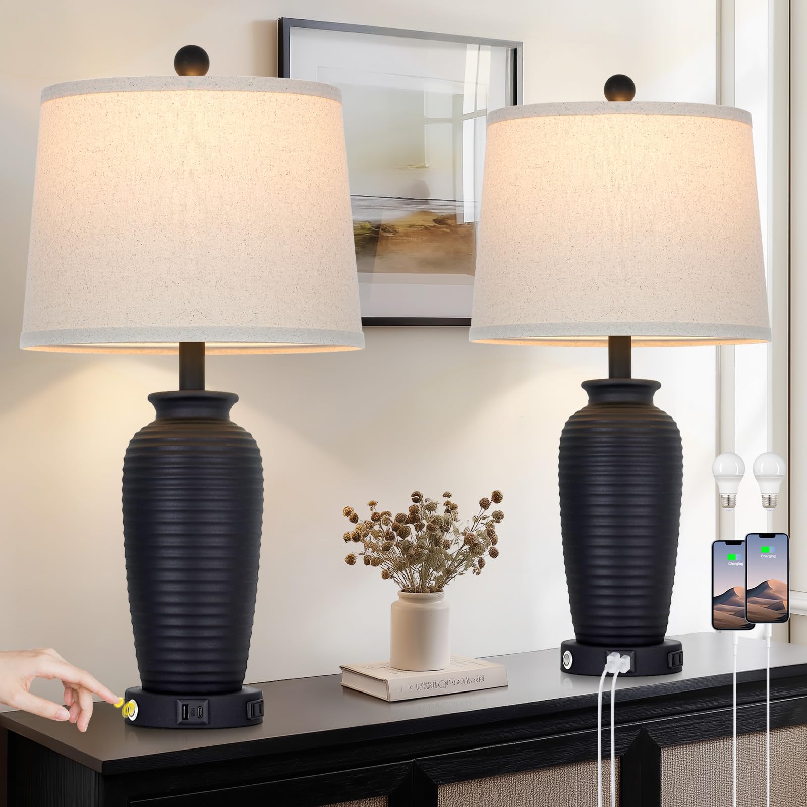 CINSARY 25 Retro Black Farmhouse Jar Table Lamps Set of 2  3 Way Touch Control Rustic Bedside Lamps with USB A+C Ports & AC Outlet  Pot Nightstand Lamps for Bedroom Living Room (LED Bulbs Included)