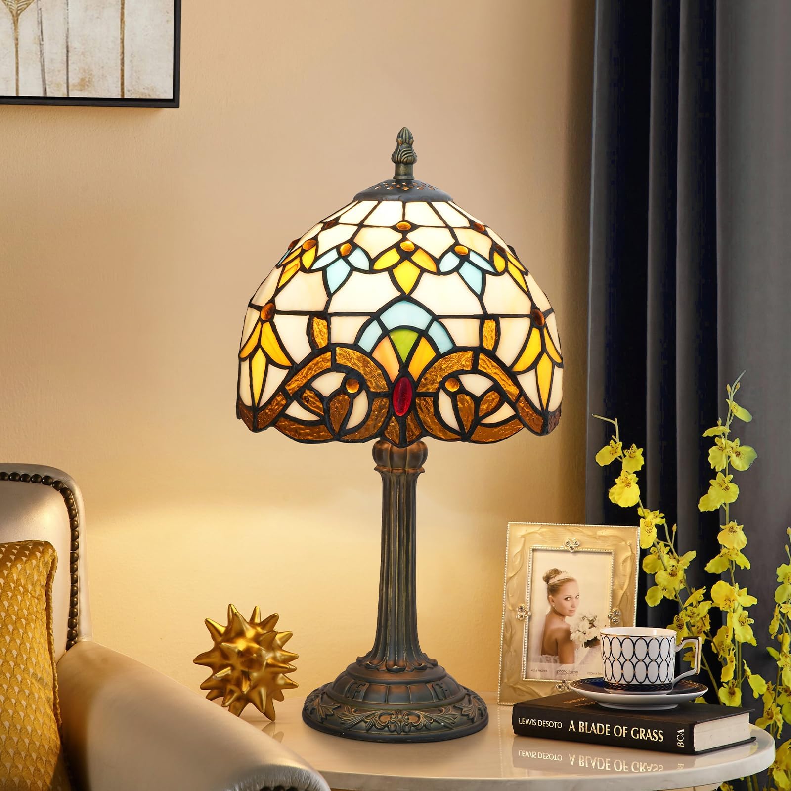 Wecrejoni Tiffany Lamp Stained Glass Lamp Small Bedside Table Lamps For Living Room Bedroom Dorm Kitchen Home Decor Festival Birthday Gift Yellow Baroque