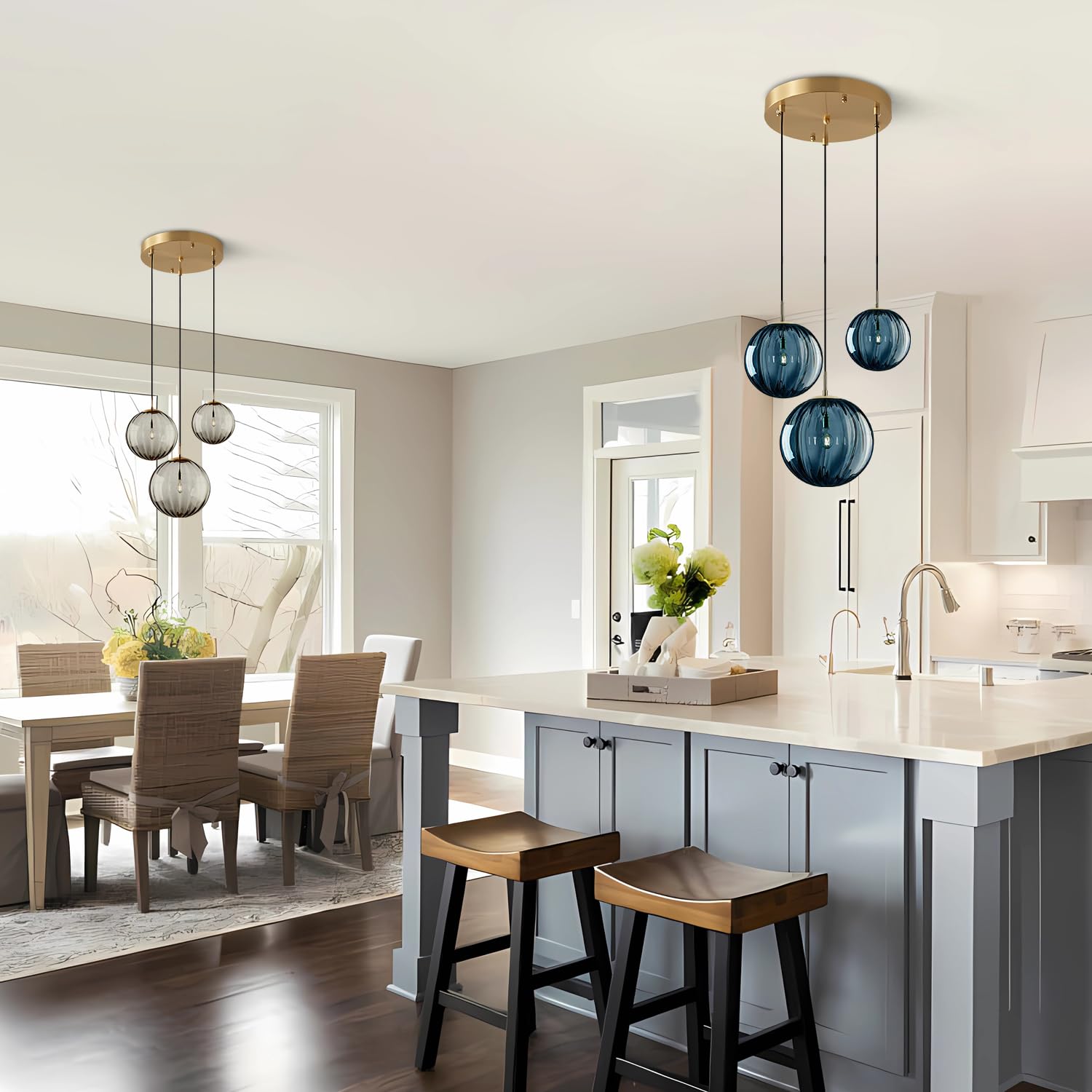 Kco Mid Century Modern Blue Glass Pendant Light Fixture, 3-Lights Brass Gold Ceiling Lamp