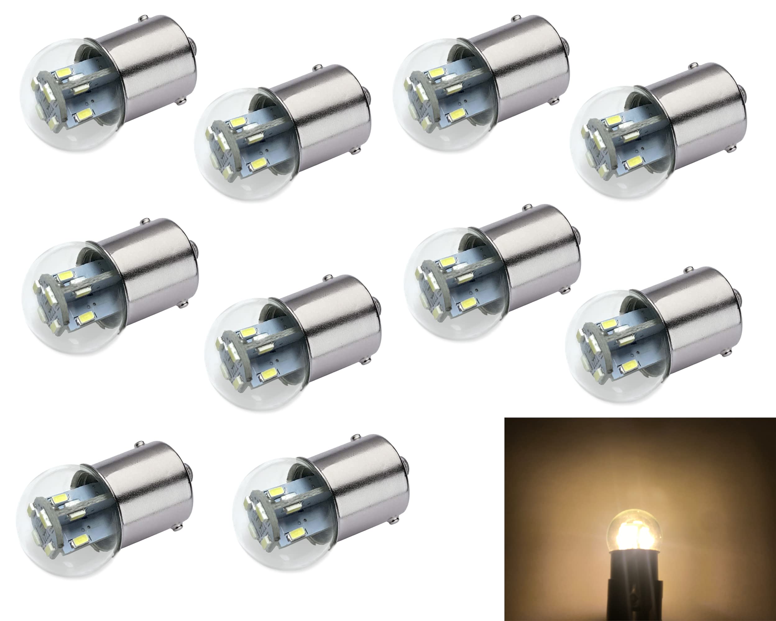 Aero-Lites Miniature LED Bulb Replacement | 12/28 Volt AC/DC | BA15S Base | Warm White | 10-Pack