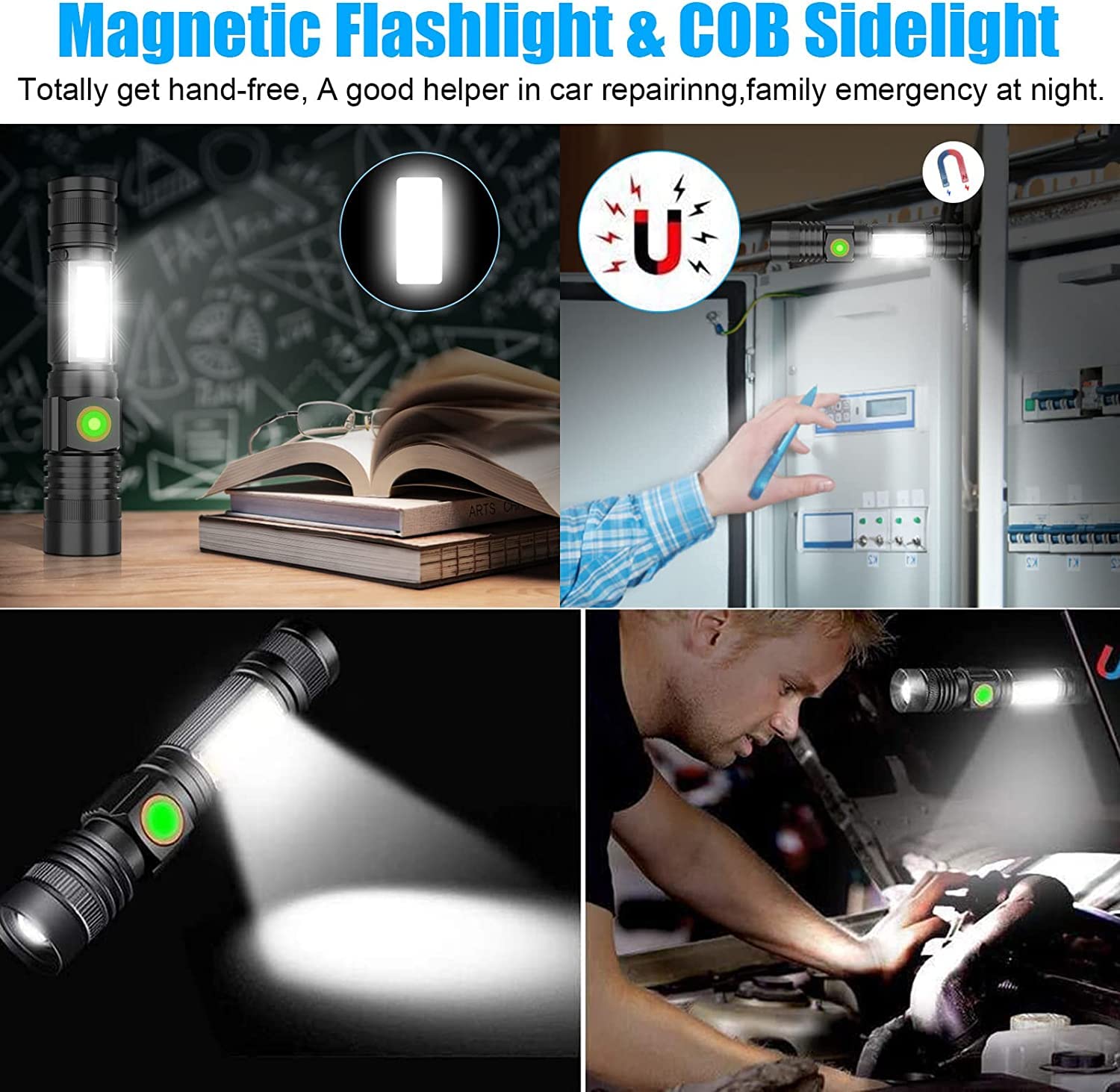 Usb Rechargeable Flashlight, Magnetic Led Flashlight, 2000 Lumen Super Bright Led Tactical Flashlight With Cob Worklight,Waterpr