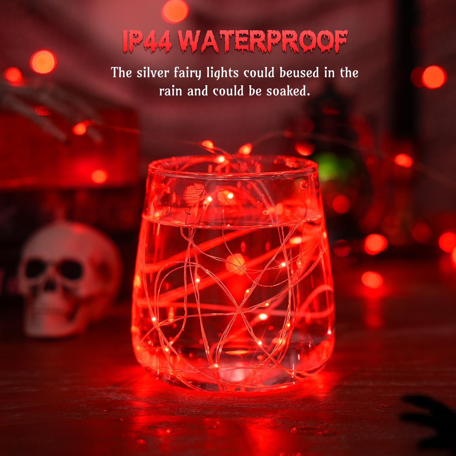 JMEXSUSS 4 Pack 50 LED Red Fairy Lights Battery Operated, 16.1ft Halloween Fairy Lights, Red String Lights for Bedroom Wedding P