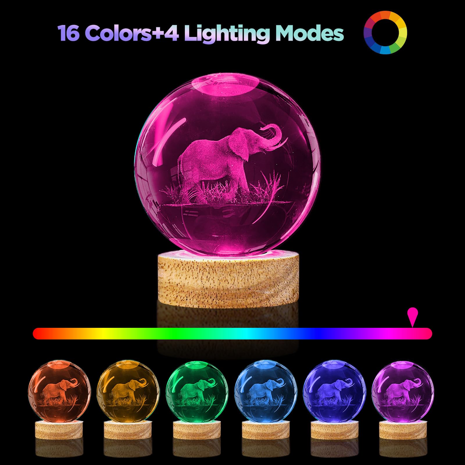 Pymin3D 3D Elephant Crystal Ball Night Light,3.15In K9 Crystal Ball Lamp With 16 Colors Change,Wooden Base And Remote Control De