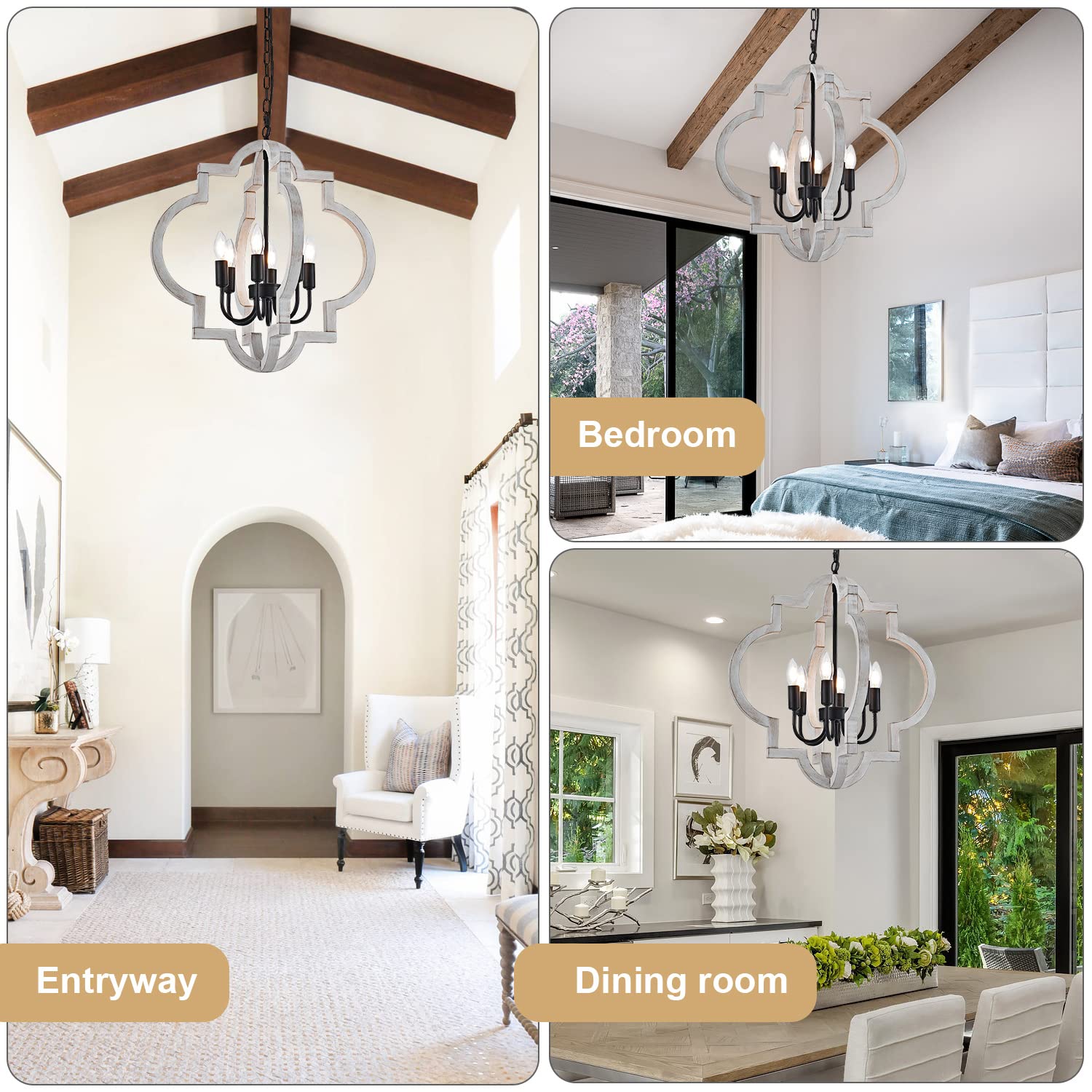 lighceac 6-Light Farmhouse Orb Chandelier, Distressed White Wood, 21" Pendant Light for Dining Room, Kitchen, Bedroom, Foyer