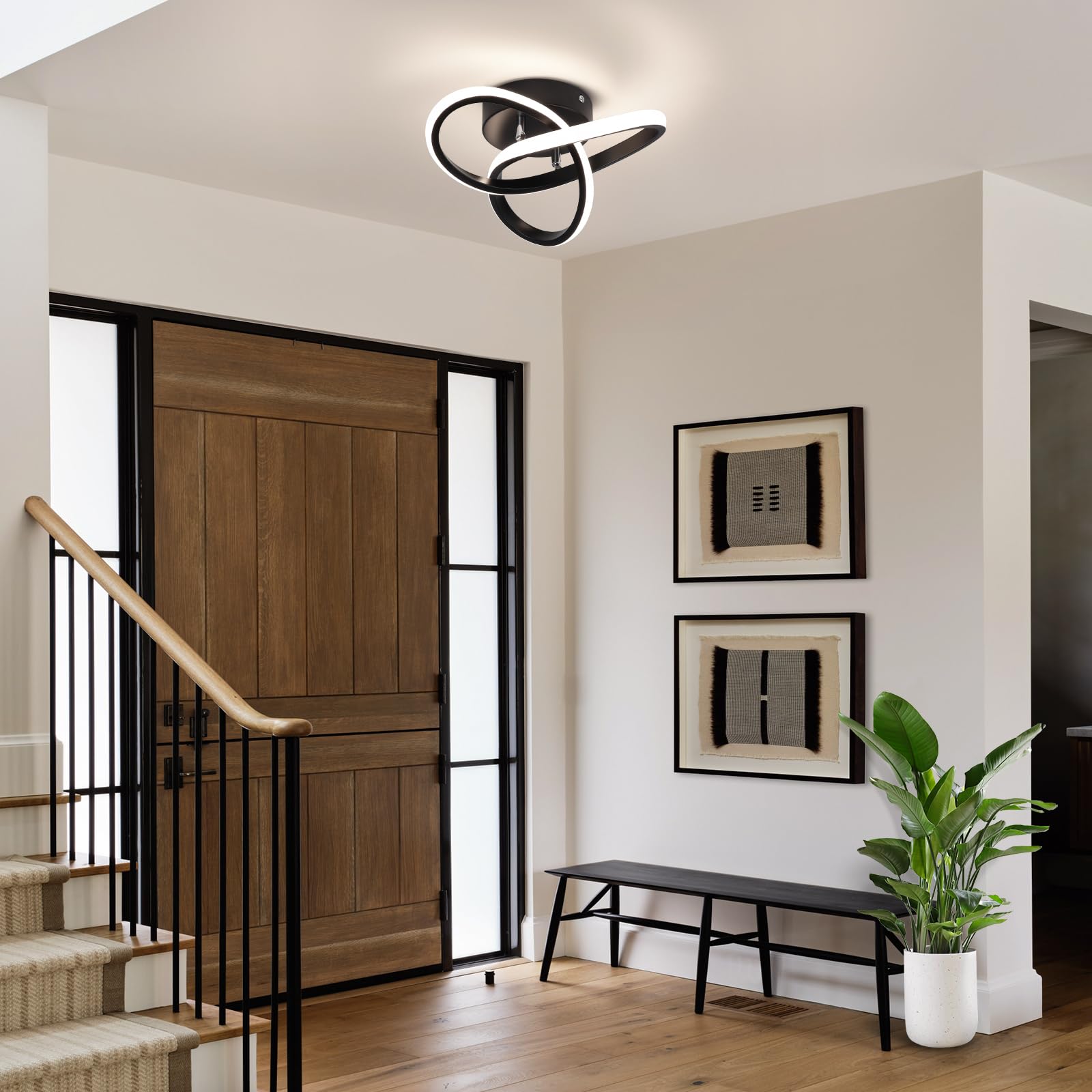 CANEOE Modern LED Ceiling Light Fixture - Black, 4500K Daylight White, Semi Flush Mount, Curved Design for Hallway, Bedroom, Kitchen