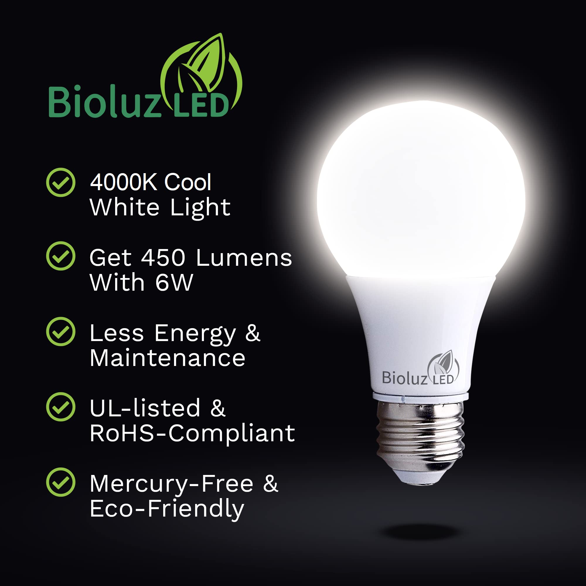 Bioluz LED A19 Light Bulbs 4000K Cool White 18 Pack 6W = 40W Non-Dimmable Plastic