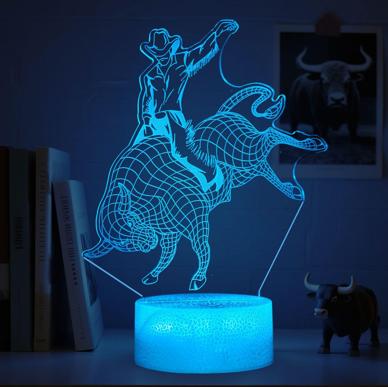 POSSHE 16 Color Bull Rider Night Light, Rodeo Gifts for Boy, Matador 3D Night Light with Remote Control, RGB Flashing Mode and D