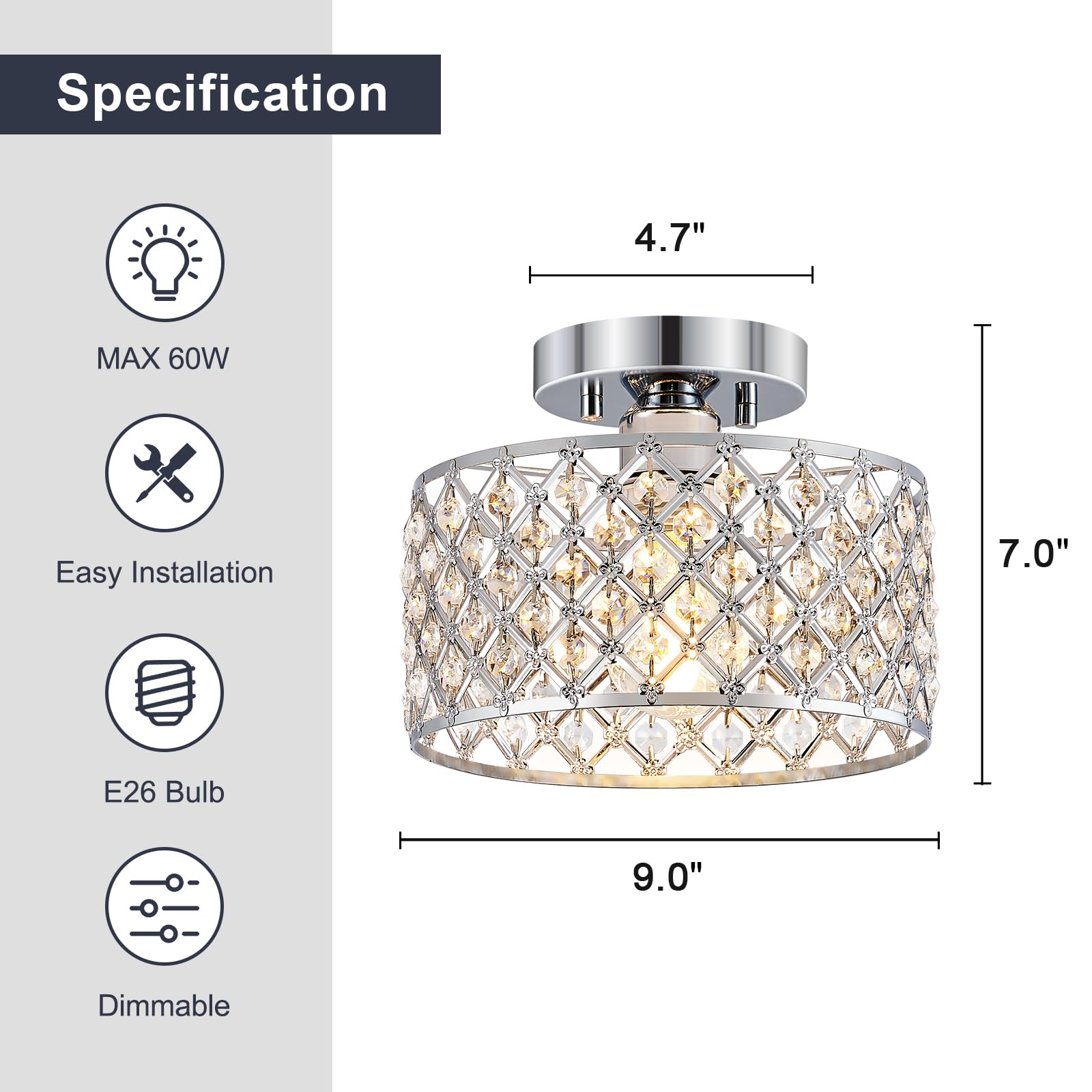 Chrome Crystal Ceiling Light Fixture Modern Semi Flush Mount Ceiling Lighting Fixture Round Small Chandelier For Hallway  Entryway  Laundry Room  Kitchen  Bedroom  Foyer  Bathroom  1 Light  9 Inch