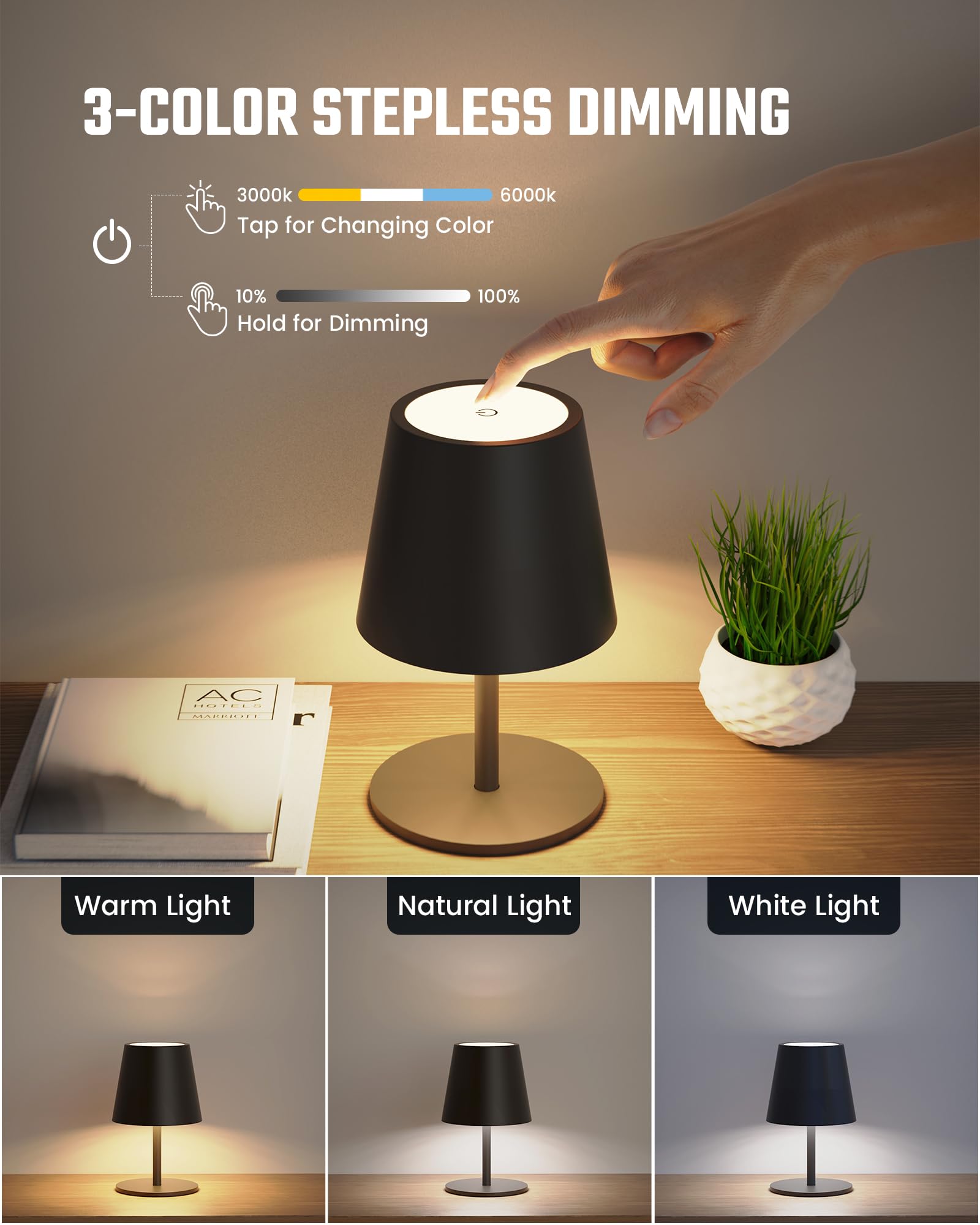 Superdanny Cordless Table Lamps, 3 Heights & Colors, Dimmable, 2 Pack, Rechargeable Led Light