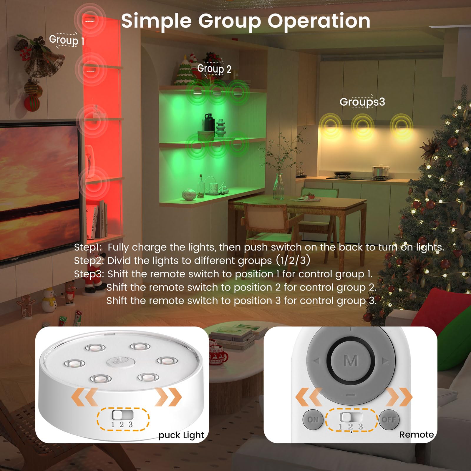 Onumii Rechargeable Under Cabinet Lighting Puck Lights With 2.4G Remote 2600Mah Sync And Groupable Color Changing Magnetic Stick