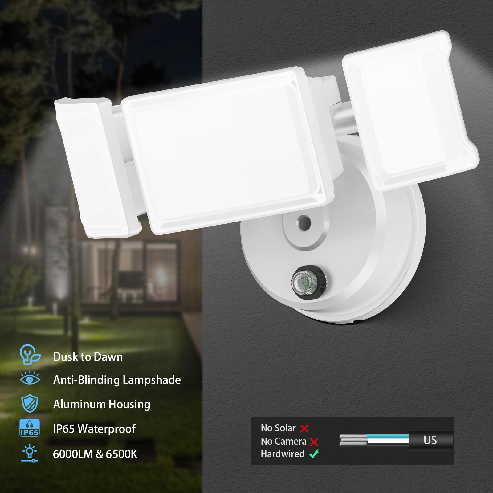 Olafus 60W Flood Light, IP65 Waterproof, 6000LM, 6500K White LED Security Light, Model 3-LBD70M
