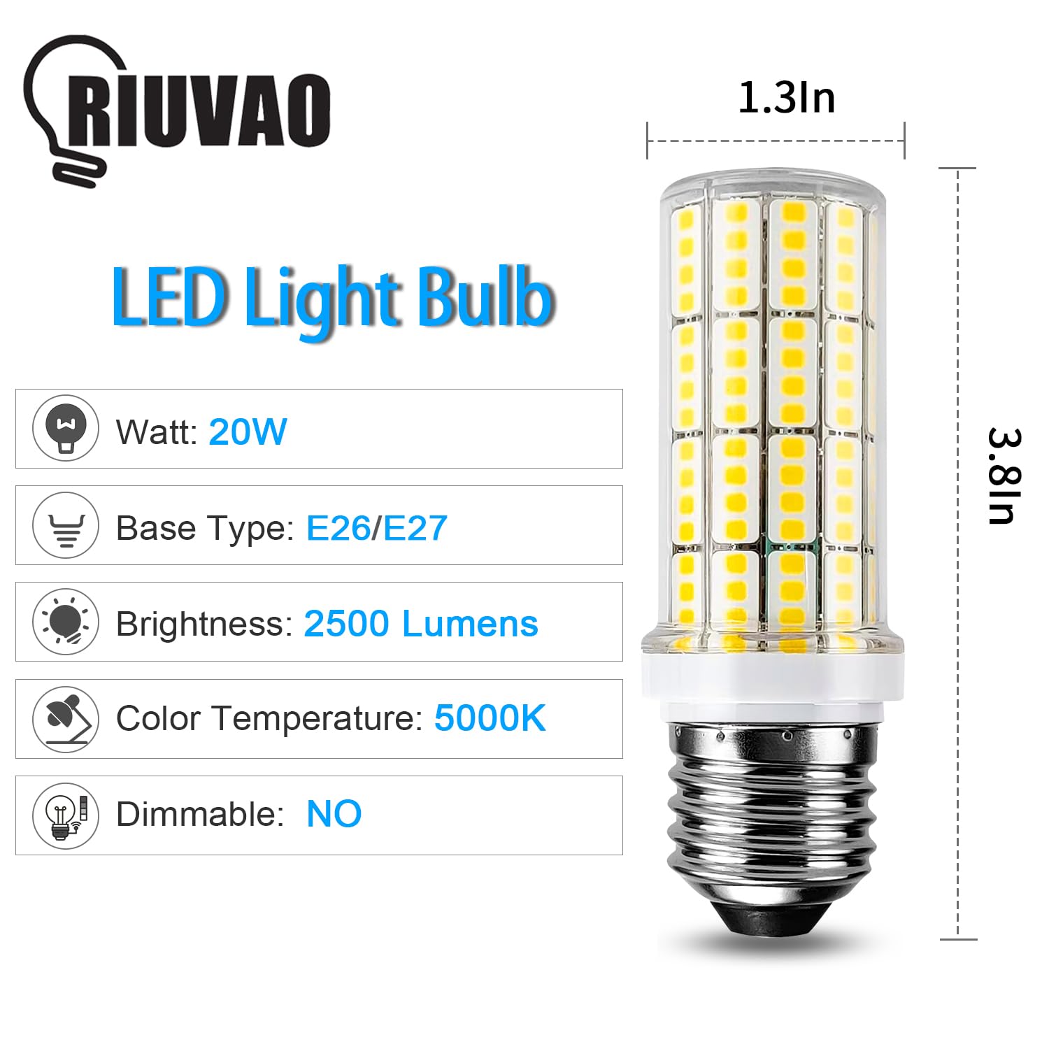 RIUVAO LED Light Bulb 20W E26/E27 2500 Lumen 5000K Daylight White Pack of 6, Super Bright Indoor/Outdoor Lighting