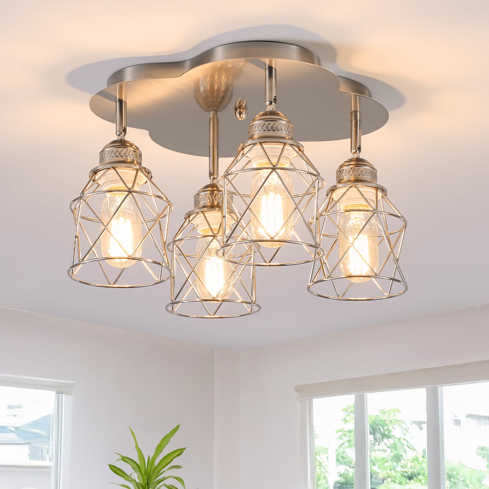4-Lights Kitchen Light Fixtures Ceiling Mount  Adjustable Multi-Directional Brushed Nickel Flush Mount Ceiling Light  Vintage Metal Cage Farmhouse Lamp for Hallway  Dining Room  Foyer  Entryway
