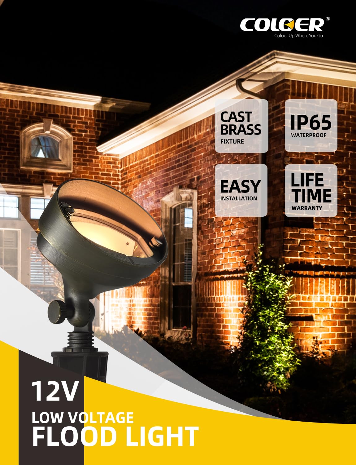 Coloer Die-Cast Brass Led Landscape Flood Lights Outdoor, 2W 12-15 Volt Low Voltage Wall Wash Lighting, Outdoor Floodlight For I