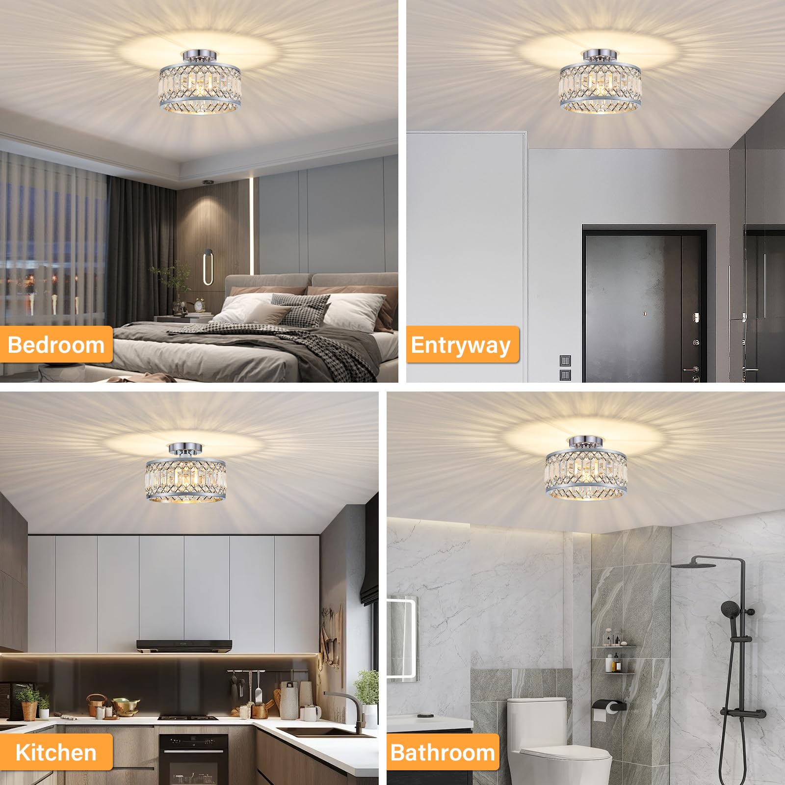 YURNYQ Crystal Ceiling Light Fixture, Modern Semi Flush Mount, Chrome, 11.4 Inch, Metal, Model 241017005