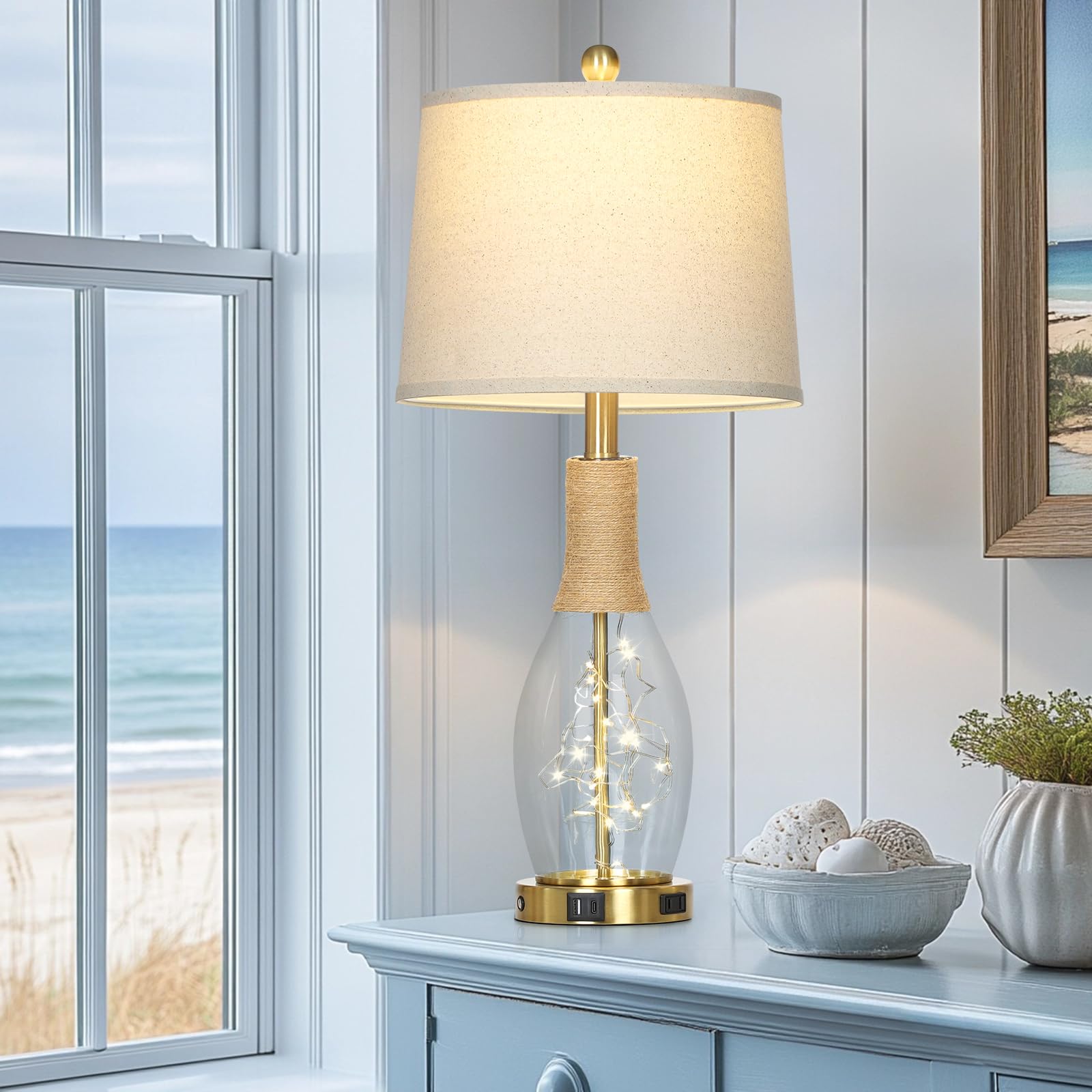 27.5'' Coastal Glass Table Lamps Set Of 2, Touch Control 3-Way Dimmable Modern Table Lamps With Usb A+C Ports & Ac Outlets, Farm