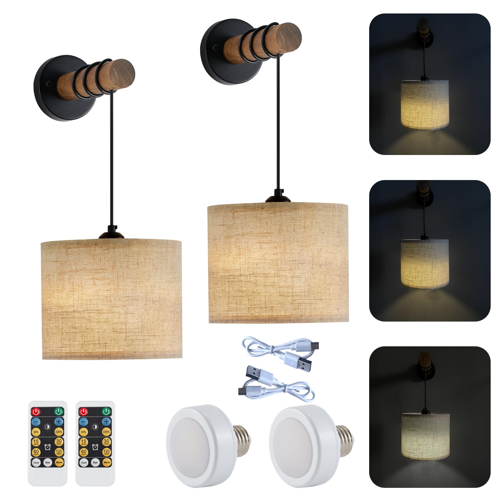 XSDeTu Rechargeable Wall Sconces Set of 2, Dimmable 3 Colors, Wooden Arm, 9.4 Inch, Battery Operated, Modern Design
