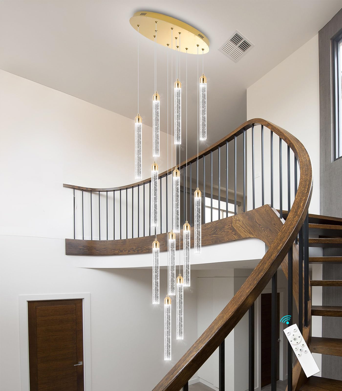 dolria 12-Lights LED Chandelier - Dimmable Crystal Pendant Light Fixture, Gold Finish for High Ceilings - Model PC0008