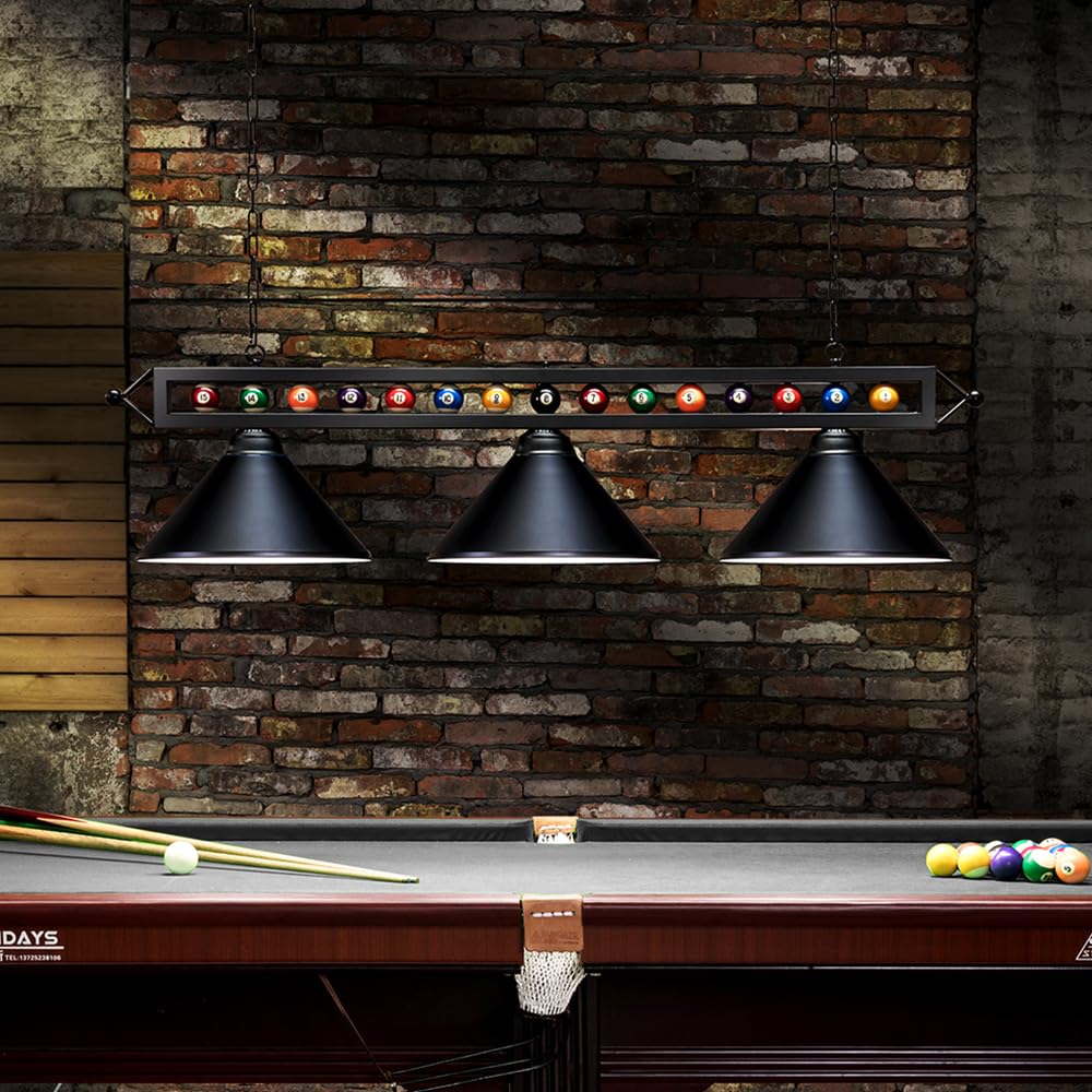 Wellmet 3 Light Billiard Pool Table Lighting Fixture, 59" Black Pendant Light for 7'-8' Tables, Modern Matte Metal Shade, Model CHL-002-light-Black